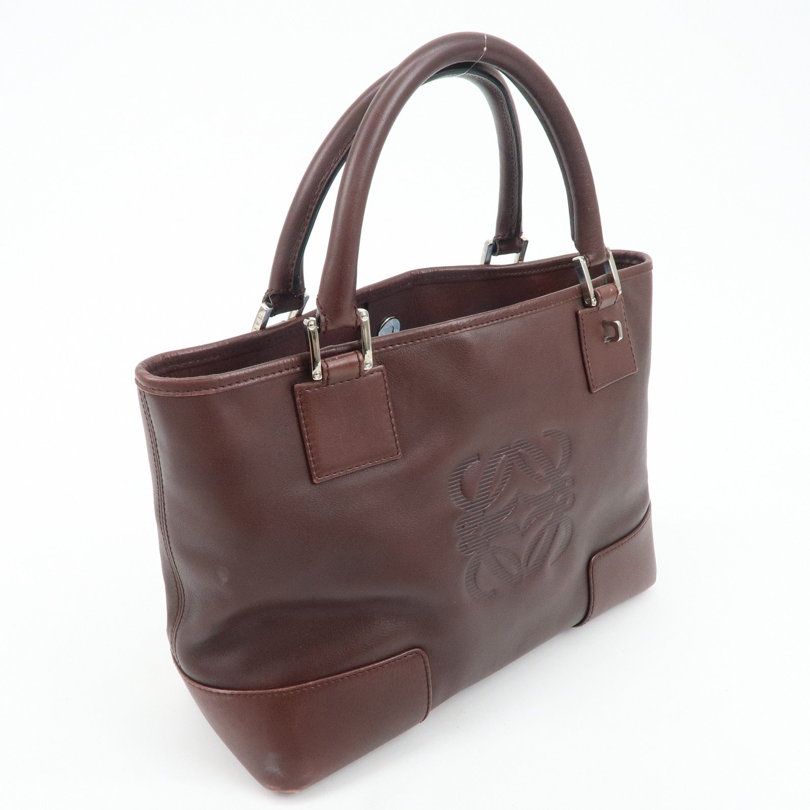 LOEWE Anagram Amazone 28 Leather Tote Bag Hand Bag Dark Brown Used