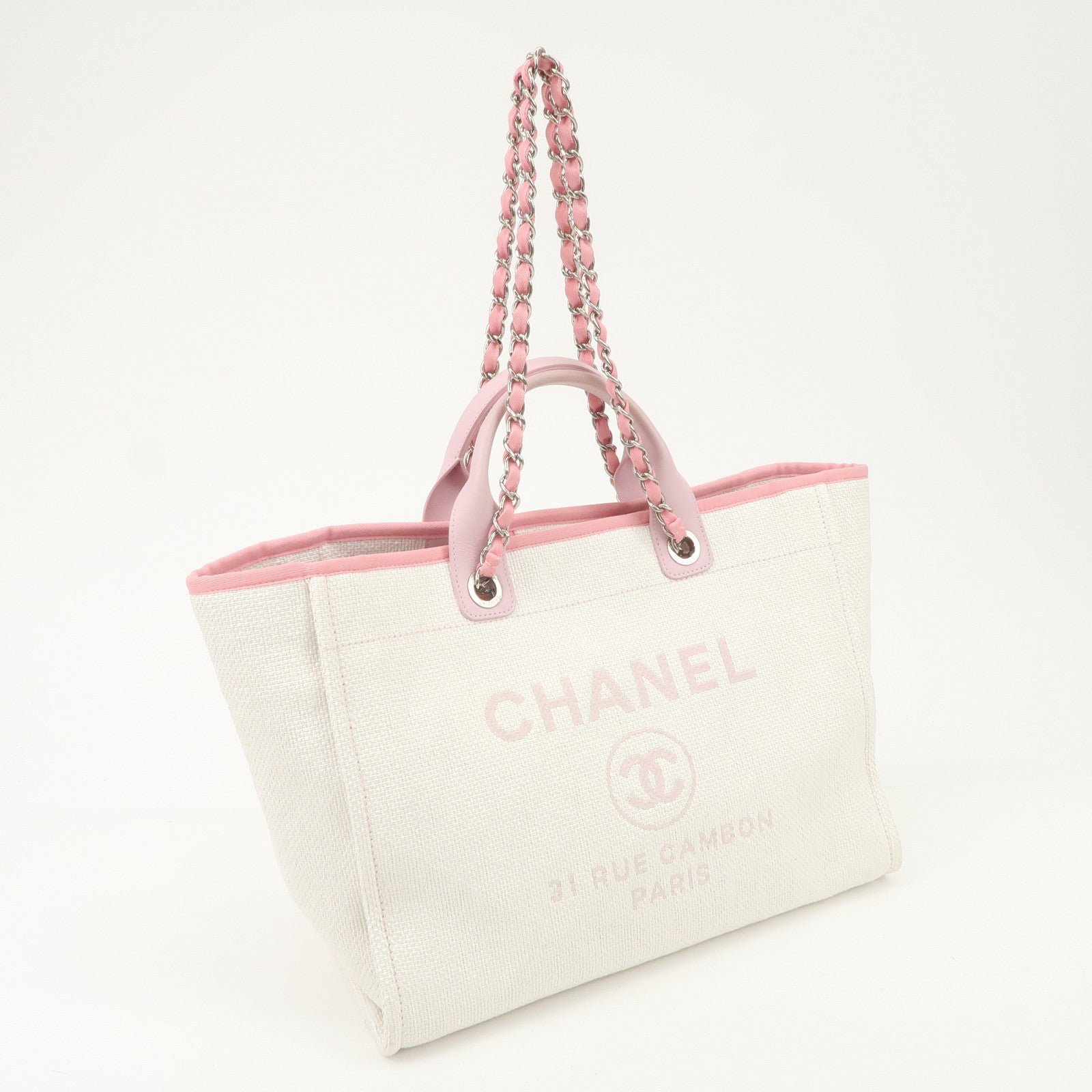 CHANEL Deauville Raffia Leather Chain Tote Bag GM Pink A66941 Used