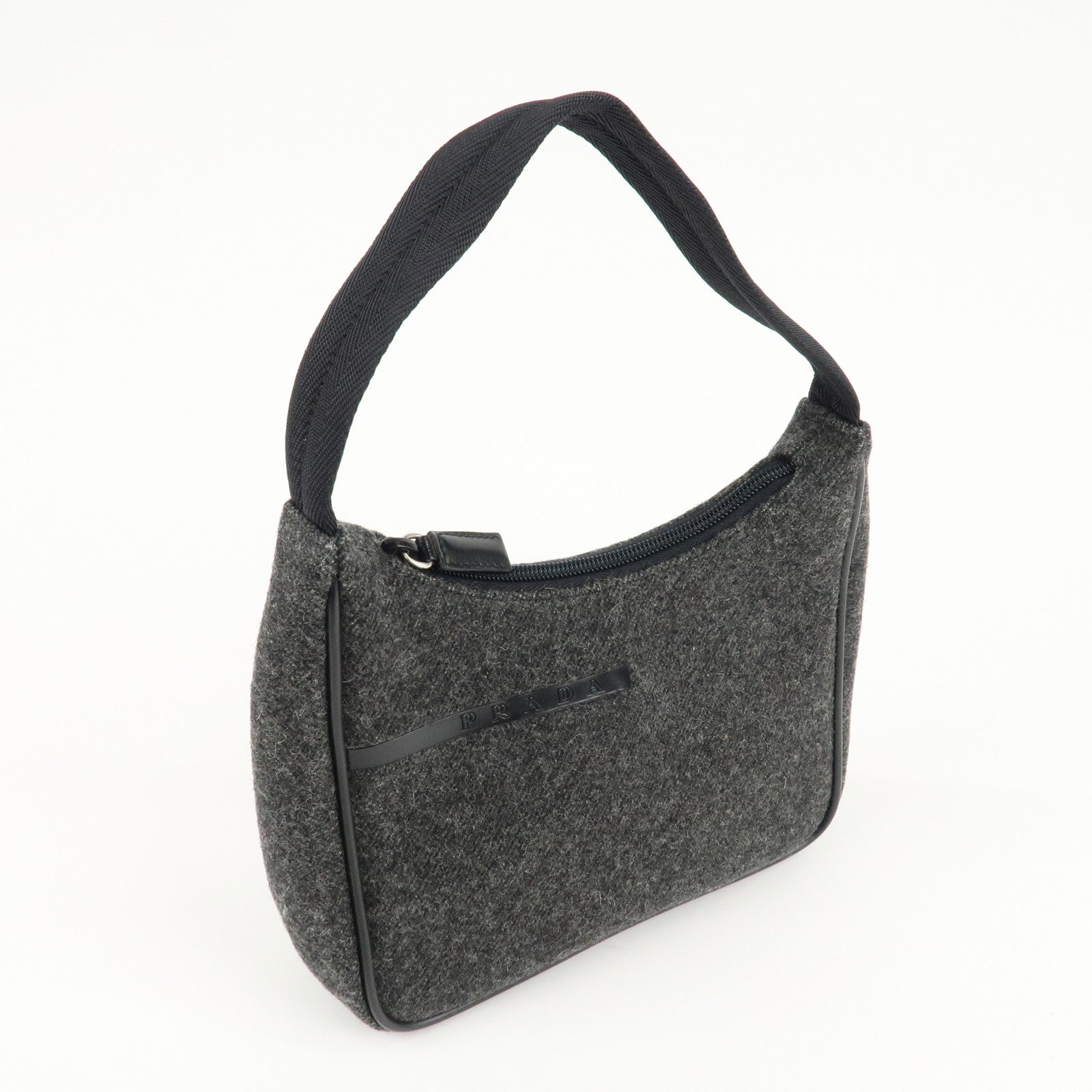 PRADA Felt Leather Shoulder Bag Hand Bag Gray Black Used