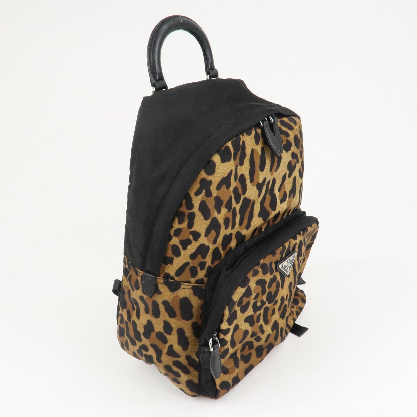 PRADA Leopard Nylon Leather Rucksack Black Brown 1BZ001 Used
