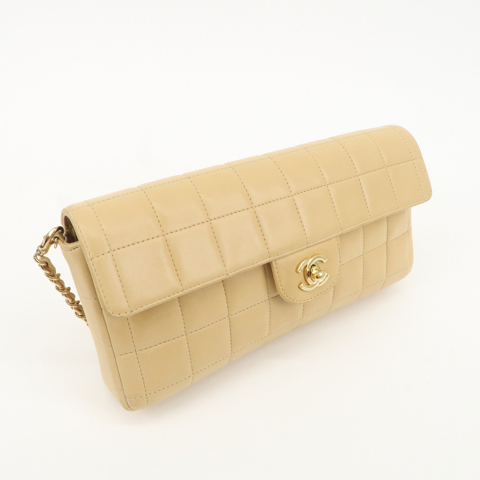 CHANEL Chocolate Bar Lamb Skin Chain Shoulder Bag Beige A15316 Used