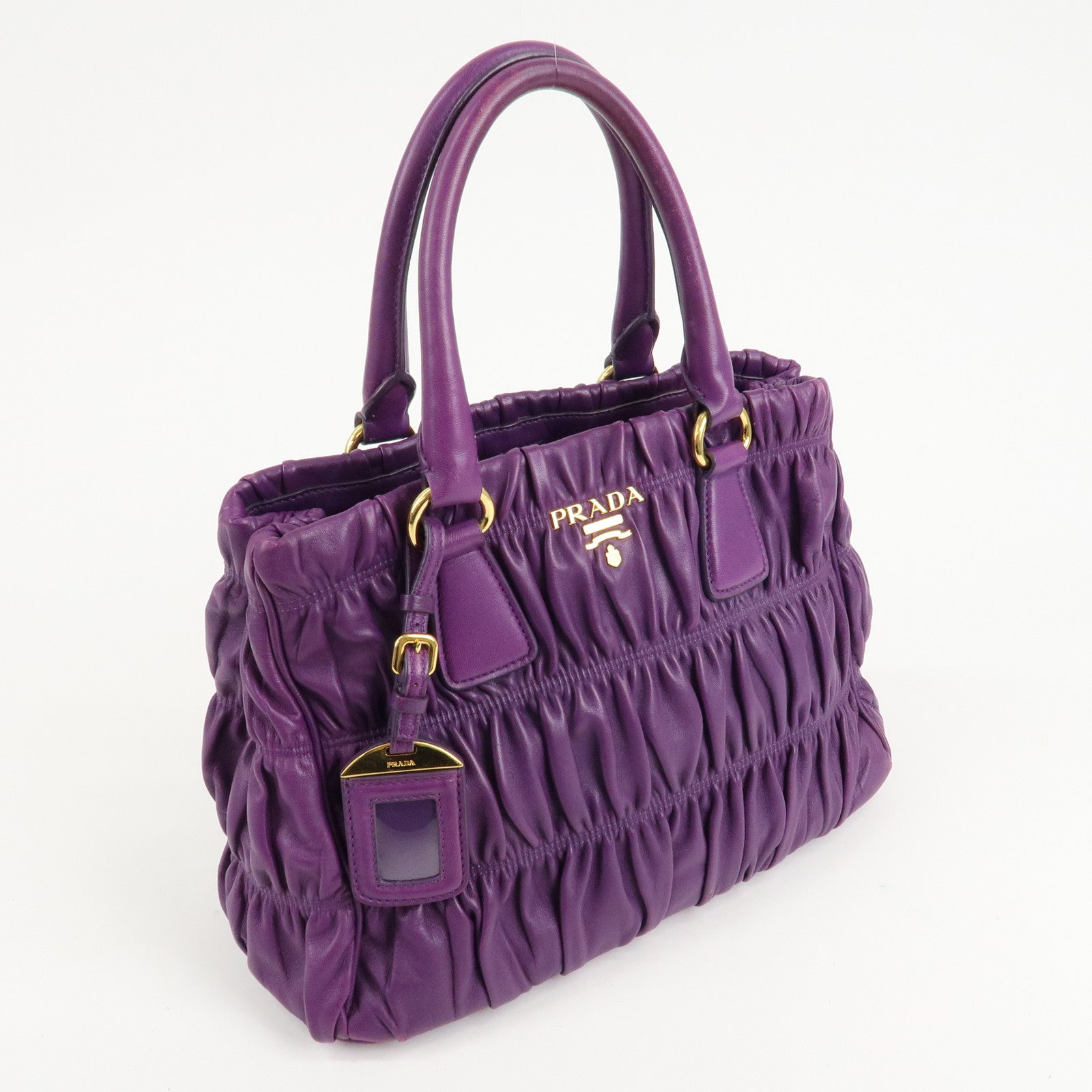PRADA Leather Gathered Hand Bag Purple Gold Hardware BN2394 Used