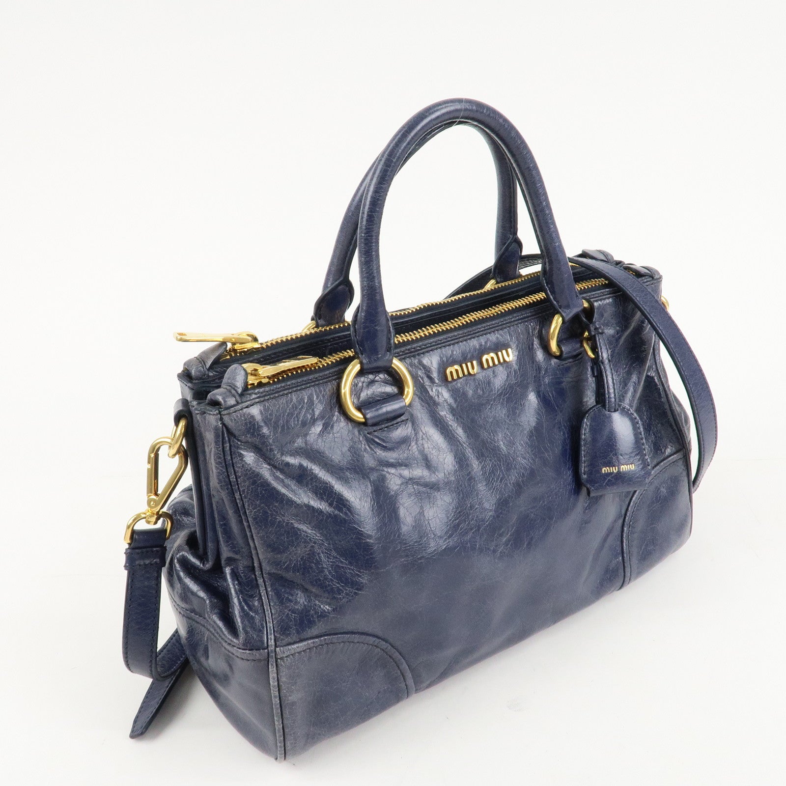 MIU MIU Leather 2Way Bag Hand Bag Shoulder Bag Blue RN1127 Used