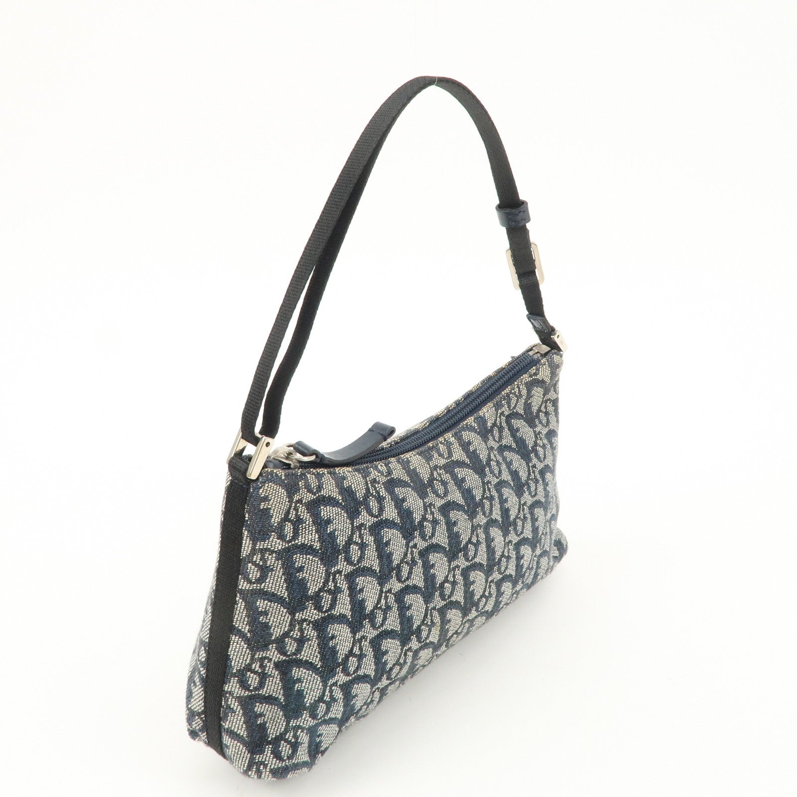 Christian Dior Trotter Canvas Leather Shoulder Bag Navy White Used