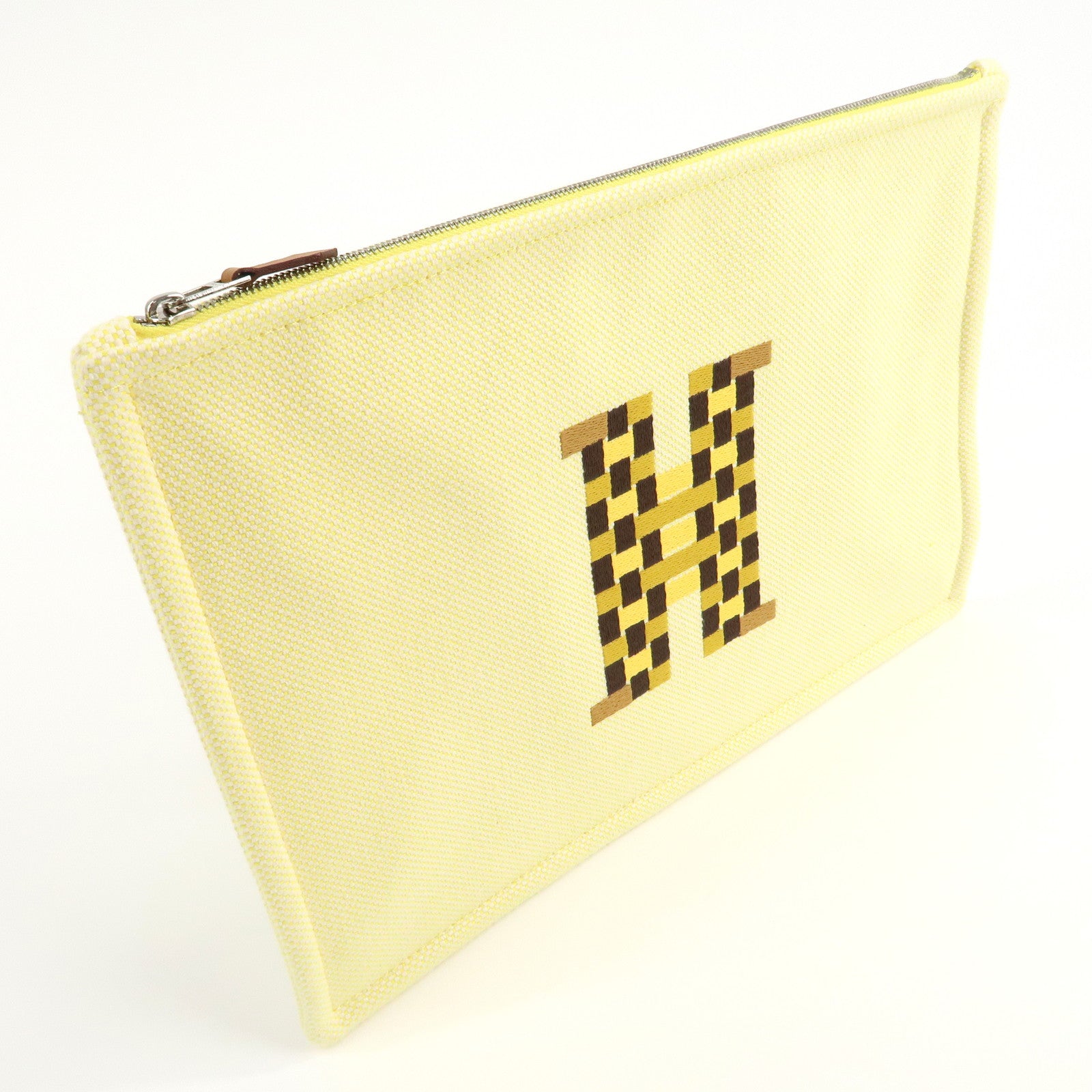 HERMES Canvas Leather H Tissage Yellow Brown Used