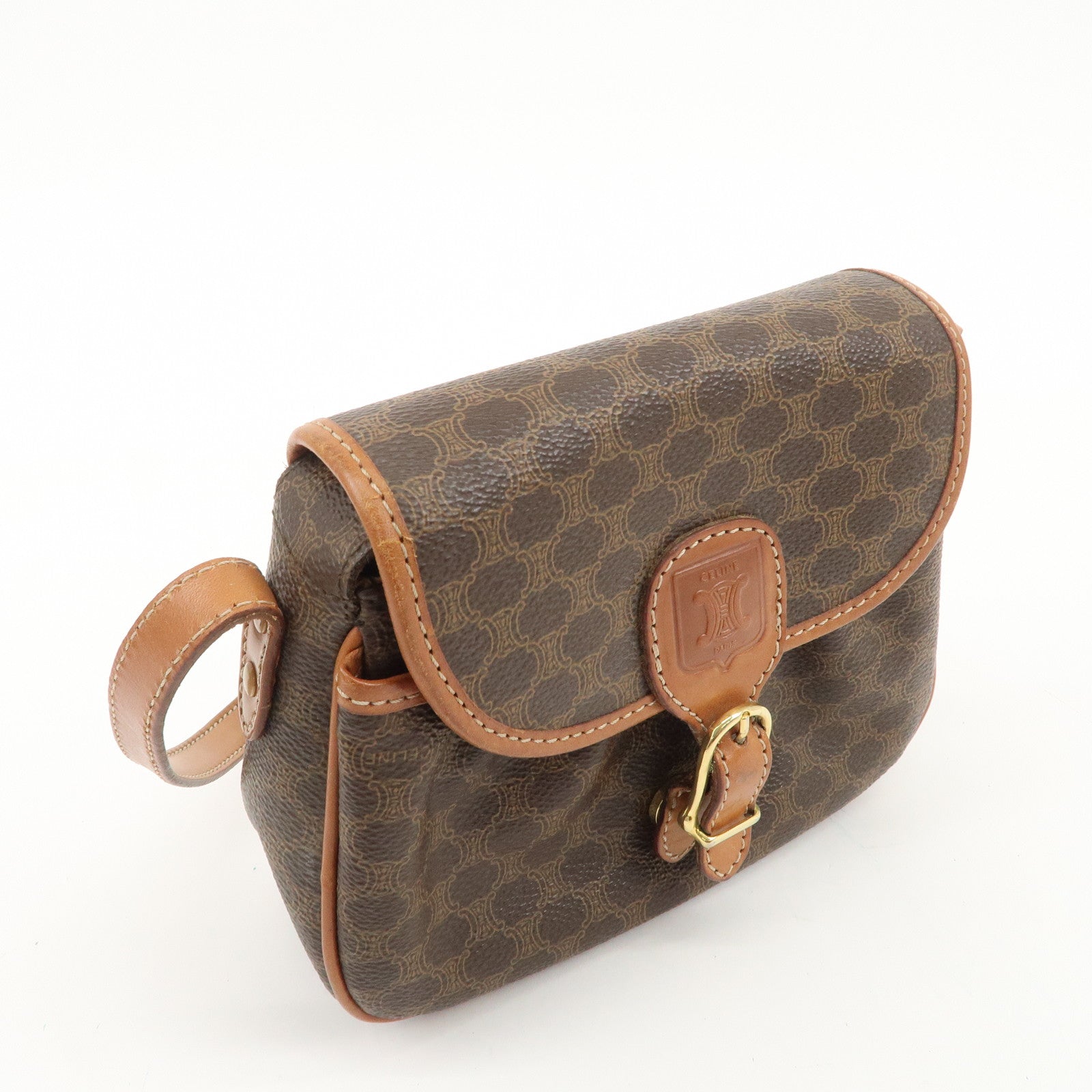 CELINE Macadam PVC Leather Shoulder Bag Brown Used