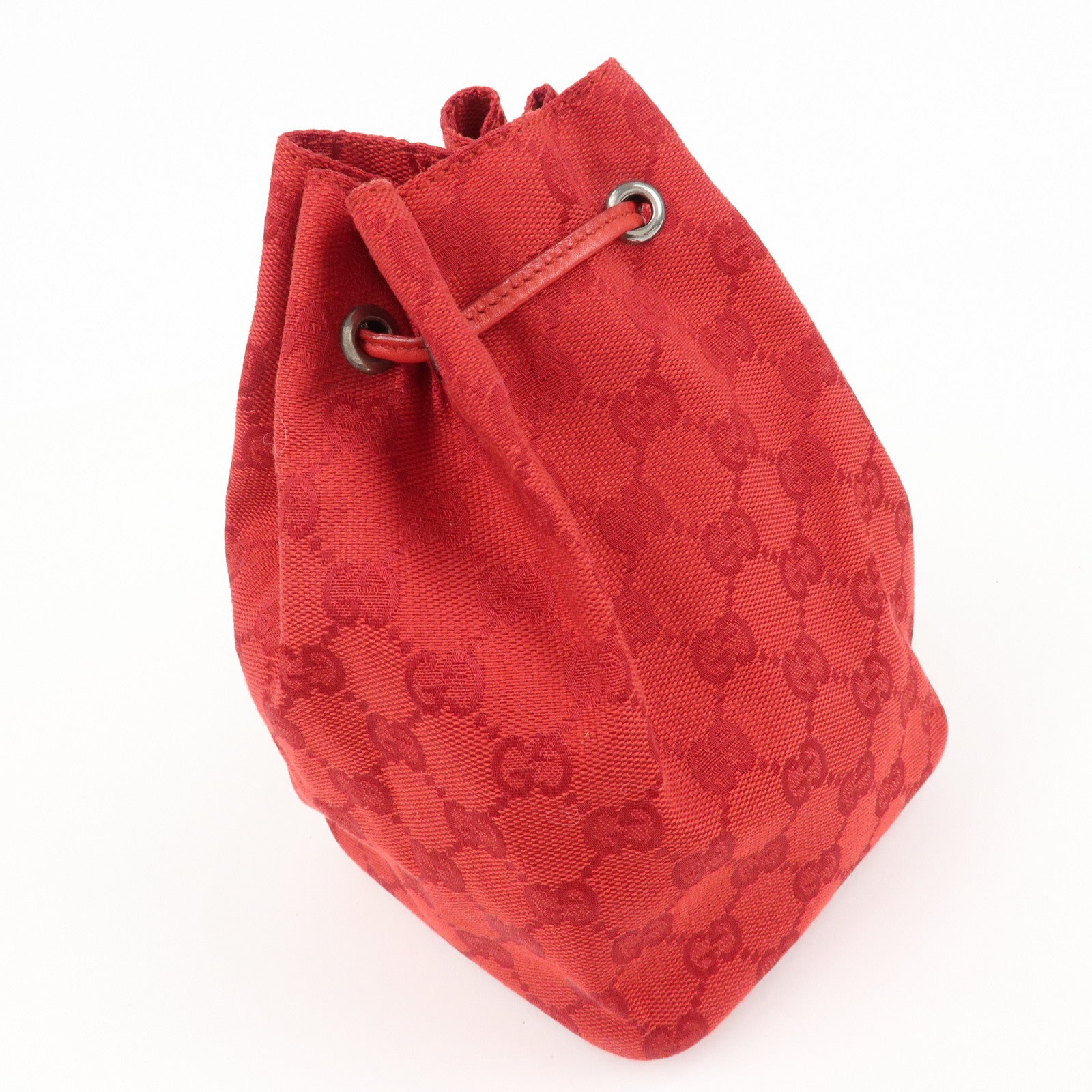 GUCCI GG Canvas Leather Drawstring Pouch Hand Bag 039.0973 Used