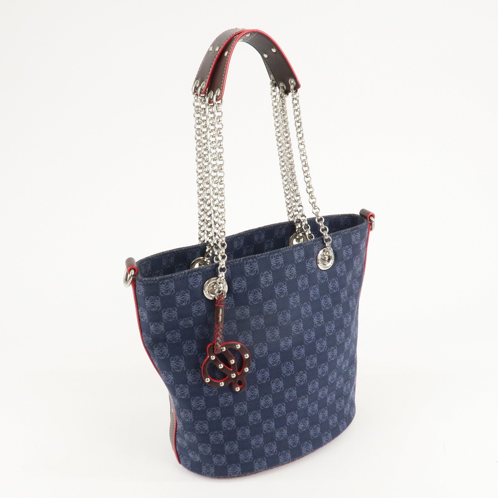 LOEWE Anagram Canvas Leather Chain Tote Bag Shoulder Bag Blue Used