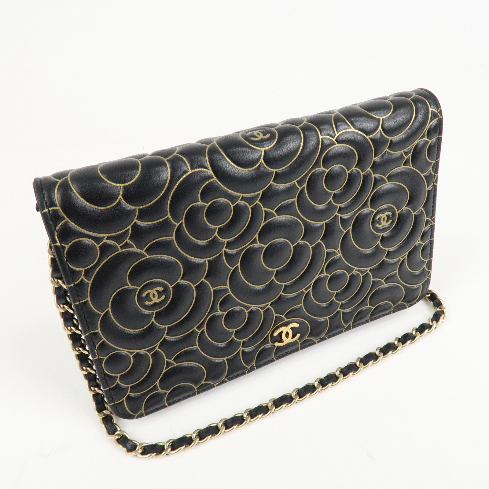 CHANEL Camellia Lamb Skin Chain Wallet Shoulder Bag A82336 Used