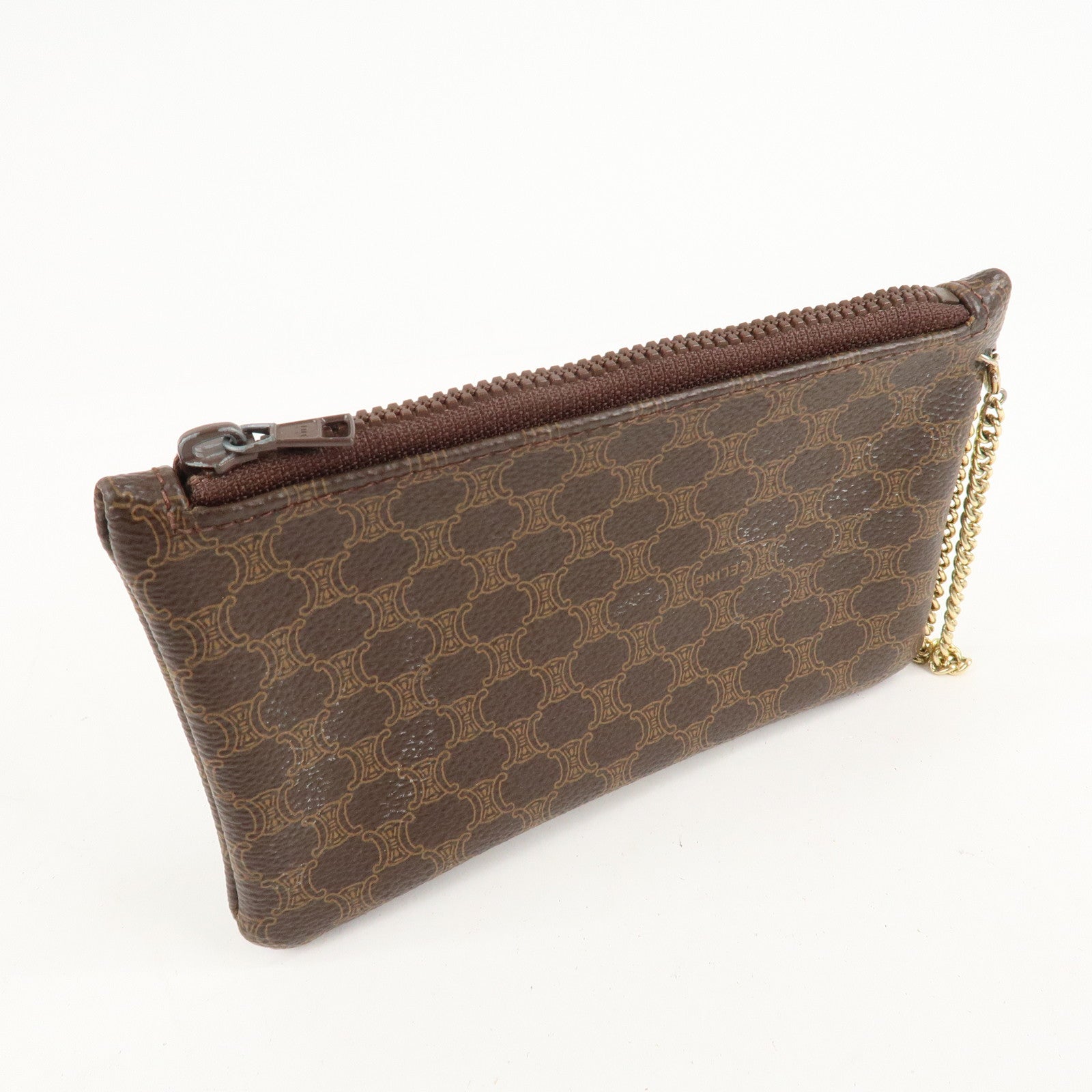 CELINE Macadam Leather Chain Pouch Brown Used