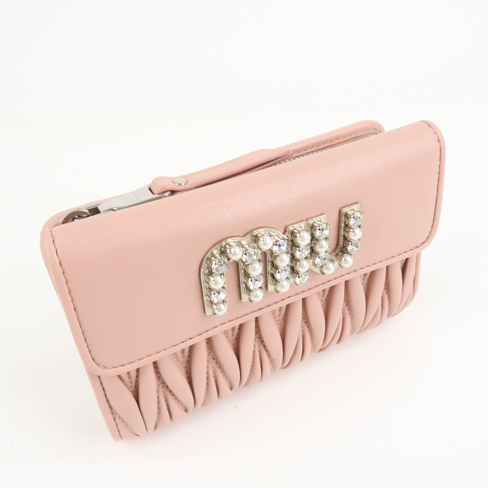 MIU MIU Matelasse Leather Tri-fold Wallet Pink Used