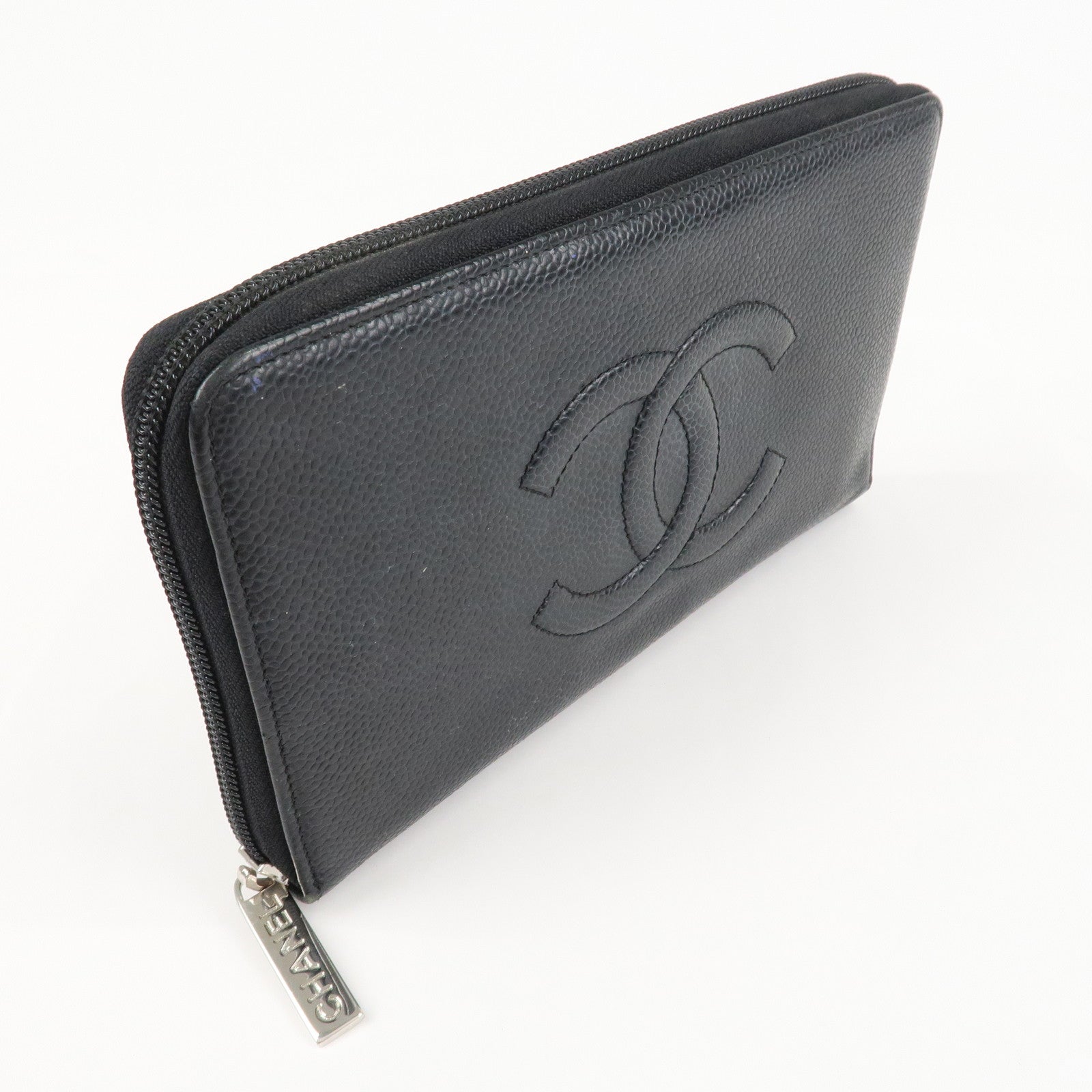 CHANEL COCO Mark Caviar Skin Zippy Long Wallet Black A50071 Used