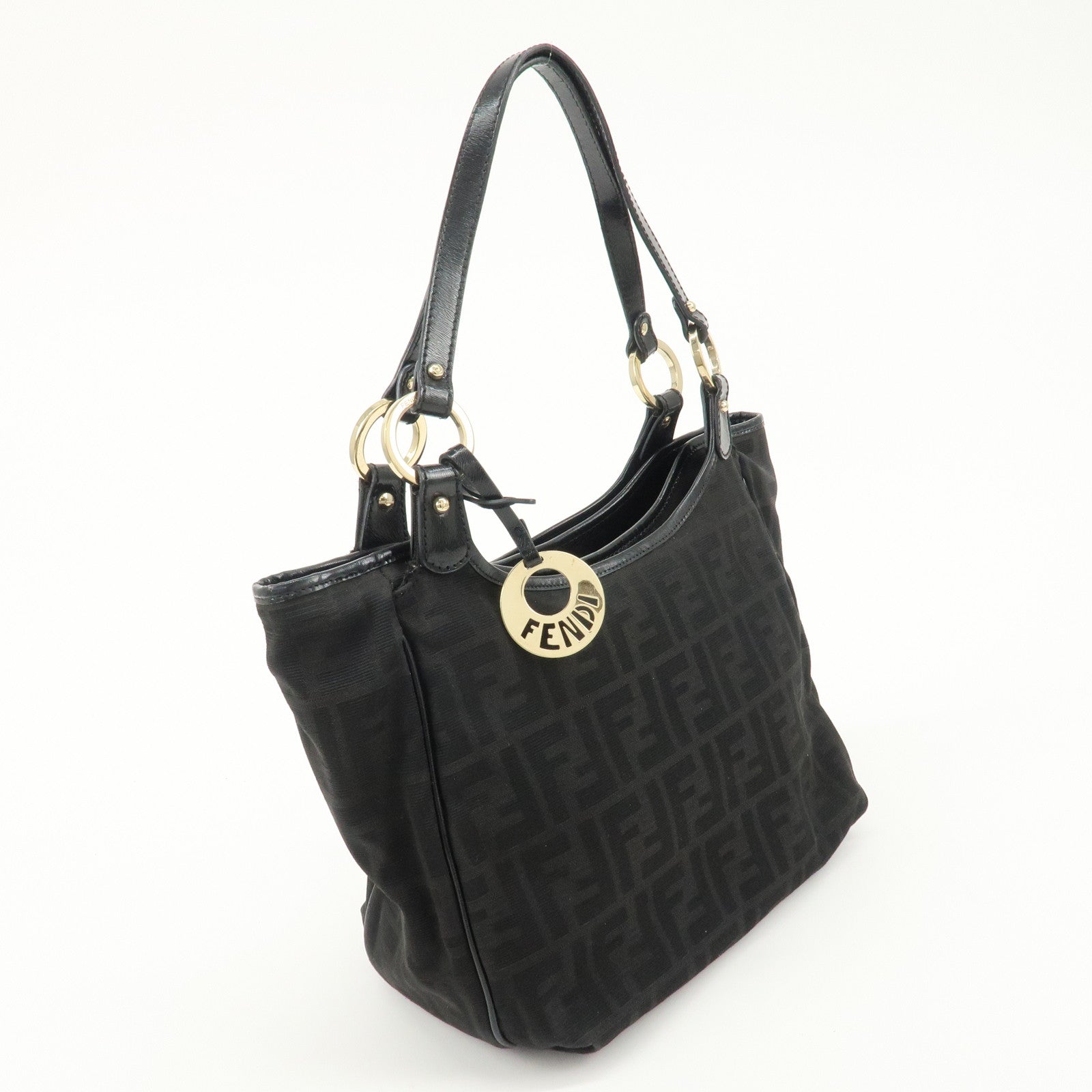 FENDI Zucca Canvas Leather Tote Bag Hand Bag Black 8BH156 Used