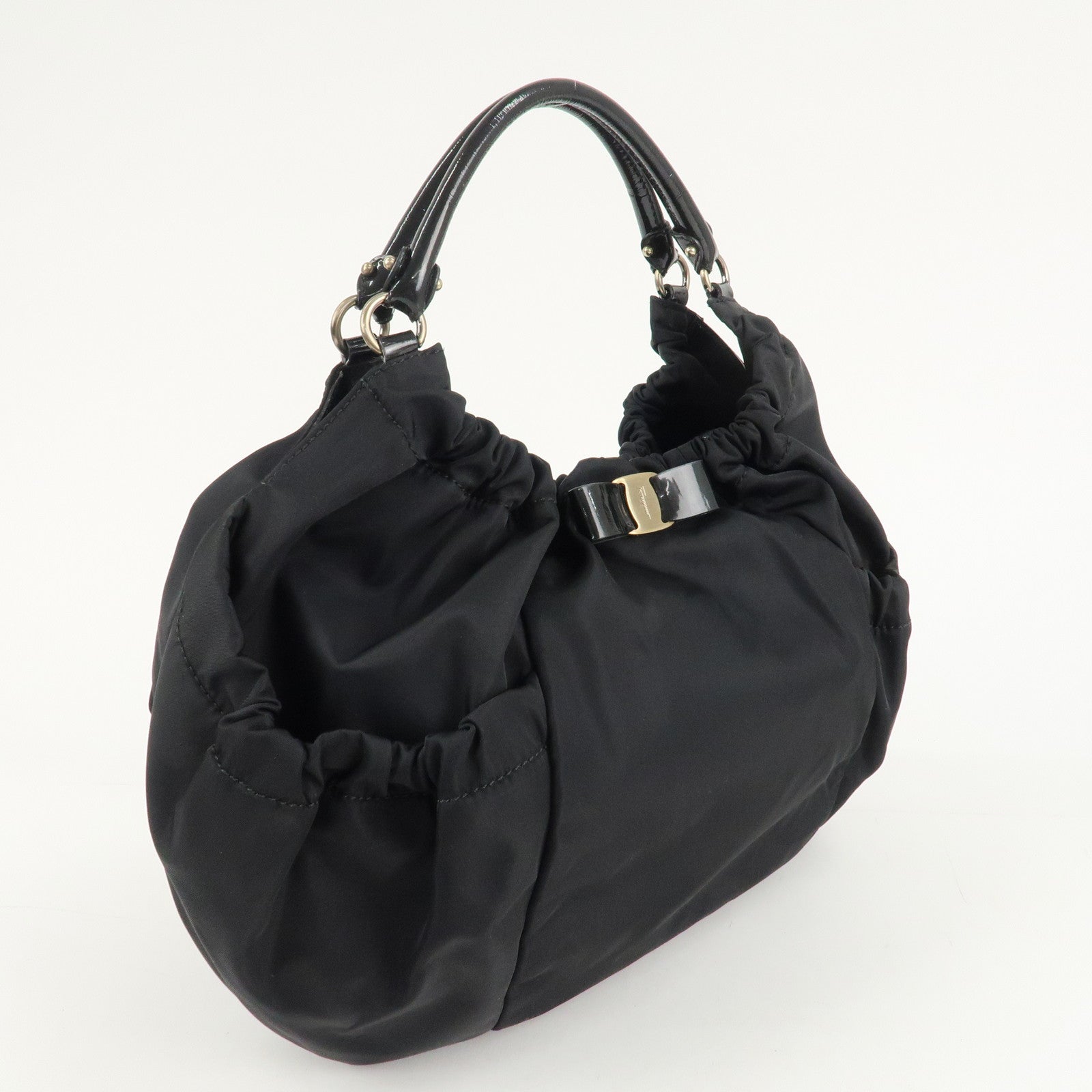 Ferragamo Nylon Patent Leather Shoulder Bag Hand Bag Black Used