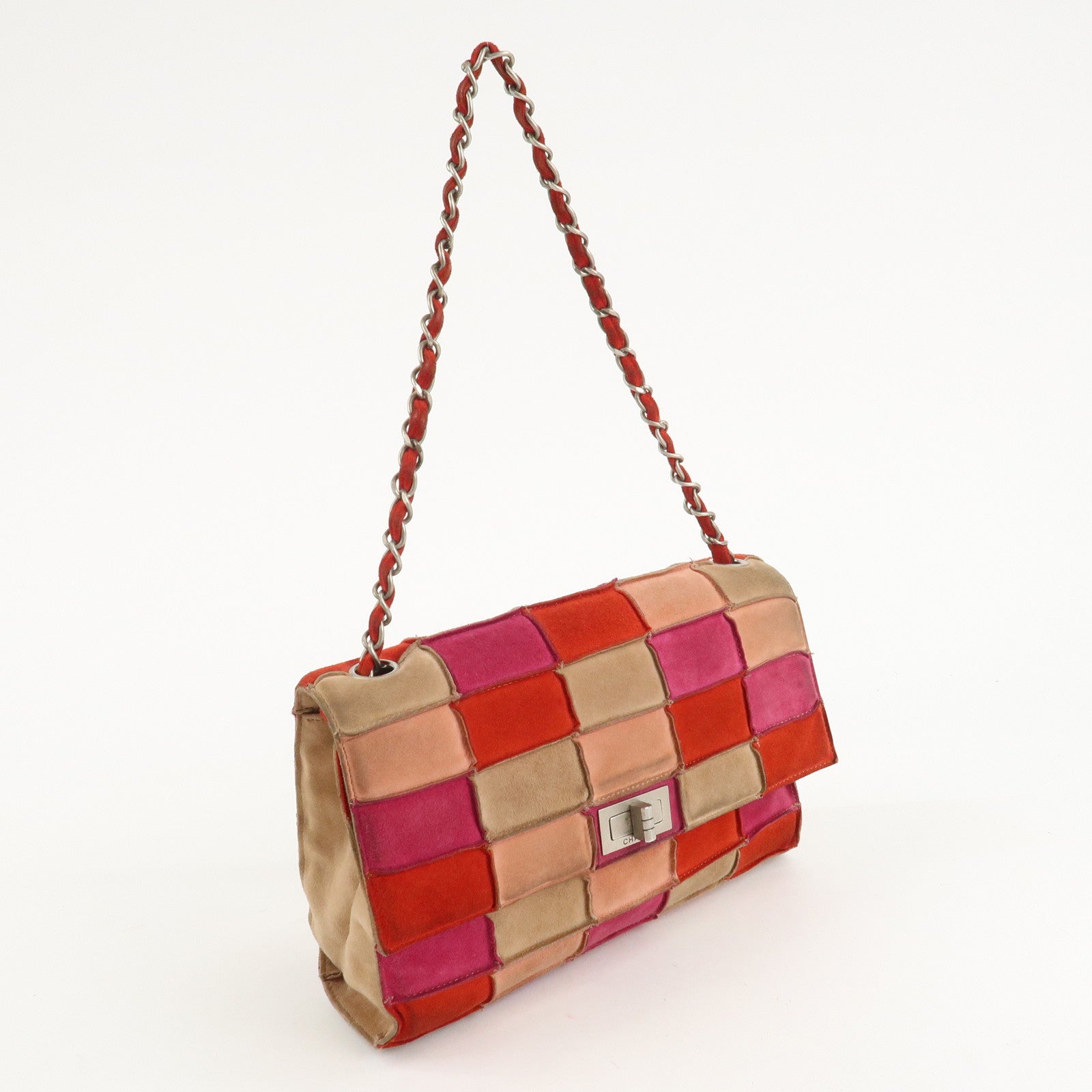 CHANEL Suede Patchwork Shoulder Bag Pink Beige Red Used