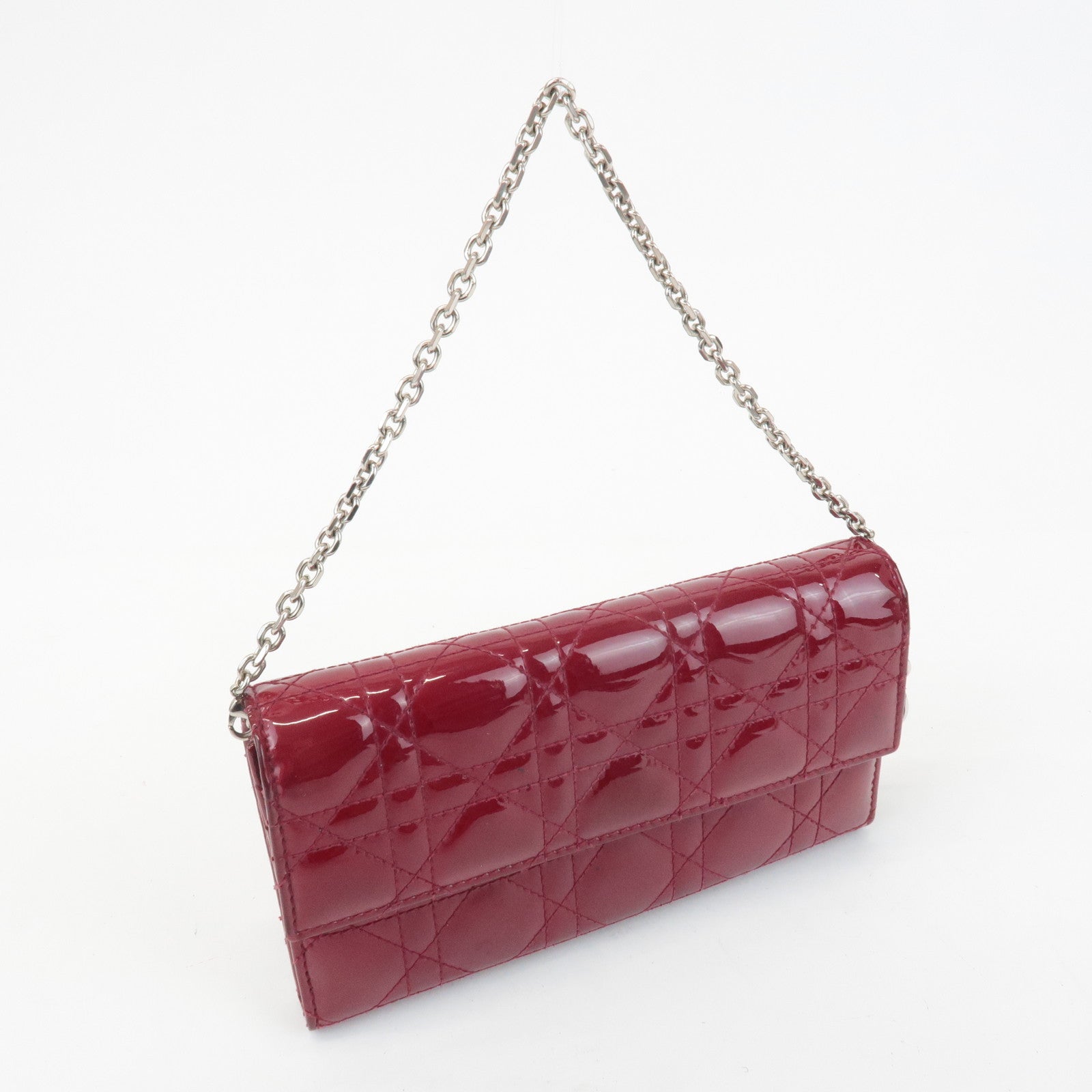 Christian Dior Lady Dior Cannage Patent Leather Chain Wallet Used