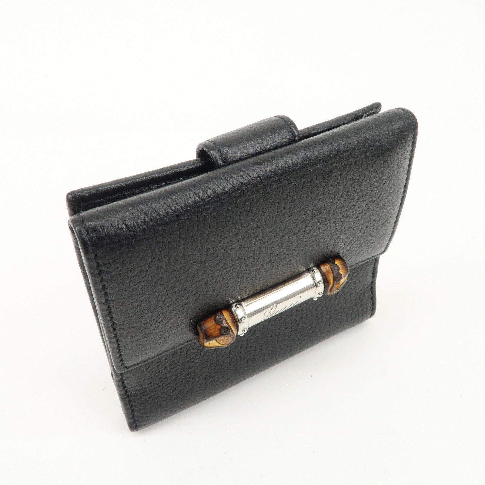 GUCCI Bamboo Leather W Hook Bi-fold Wallet Black 233049 Used