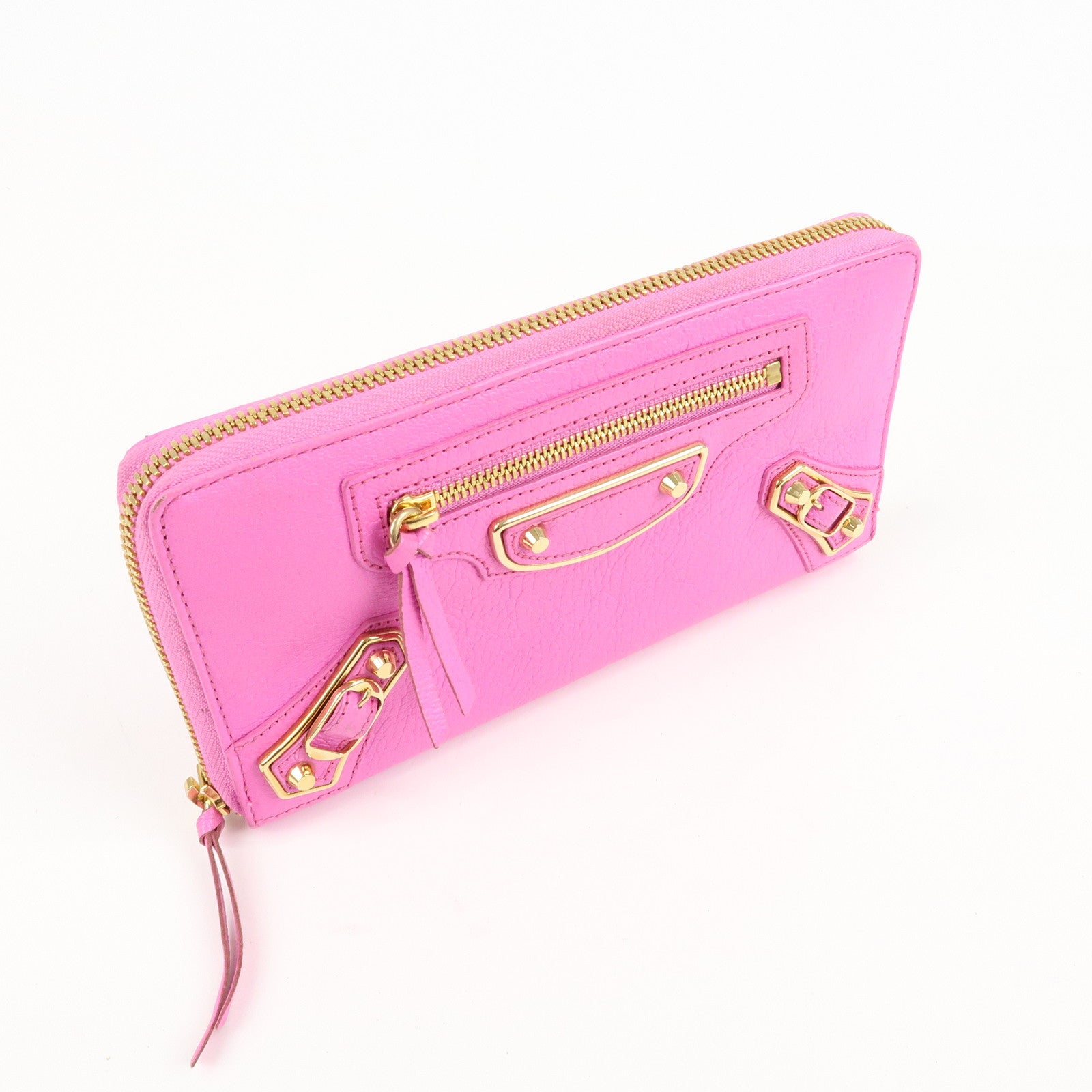 BALENCIAGA Leather Classic Continental Zip Wallet Pink 390187 Used