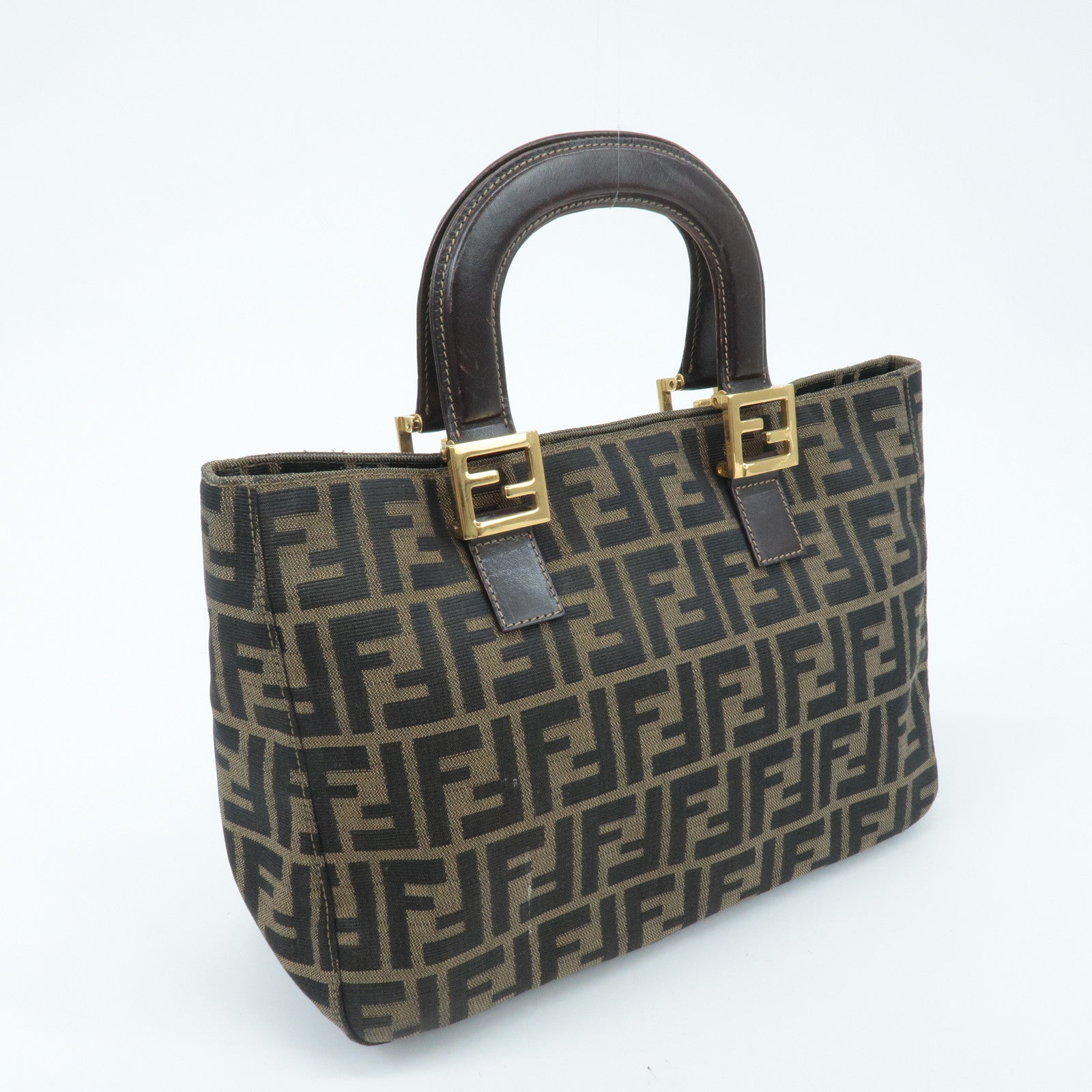 FENDI Zucca Canvas Leather Tote Bag Hand Bag Brown Used