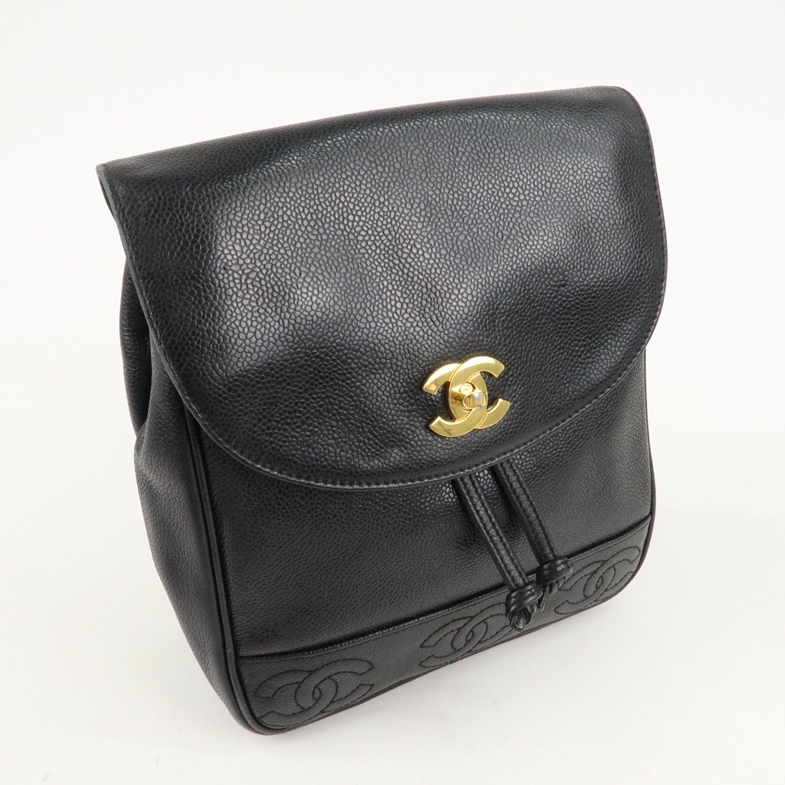 CHANEL Triple COCO Caviar Skin Chain Back Pack Black Gold Used