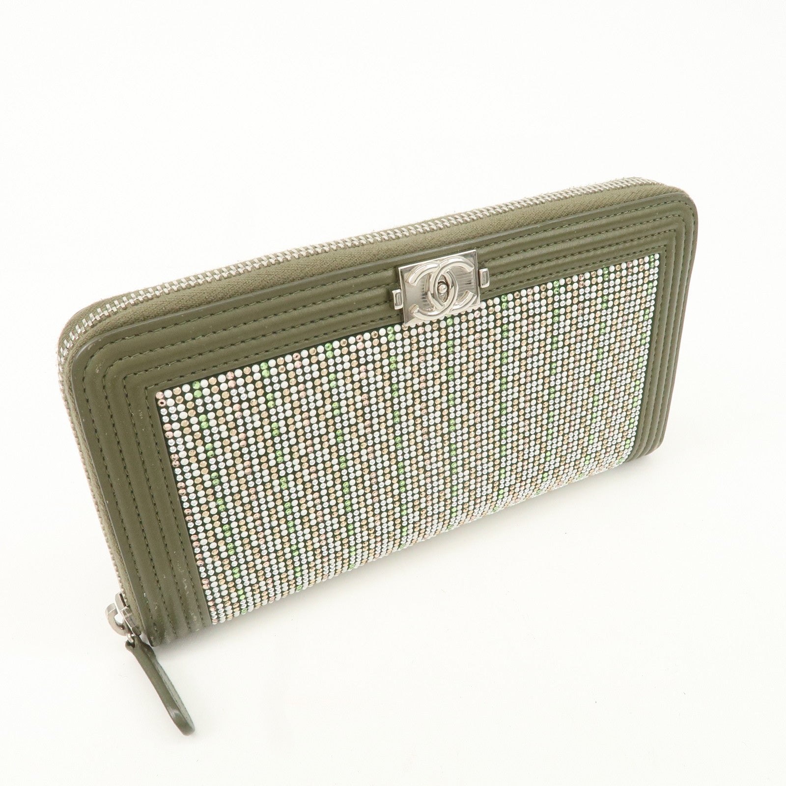 CHANEL Boy Chanel Rhine Stone Leather Round Zipper Long Wallet Used