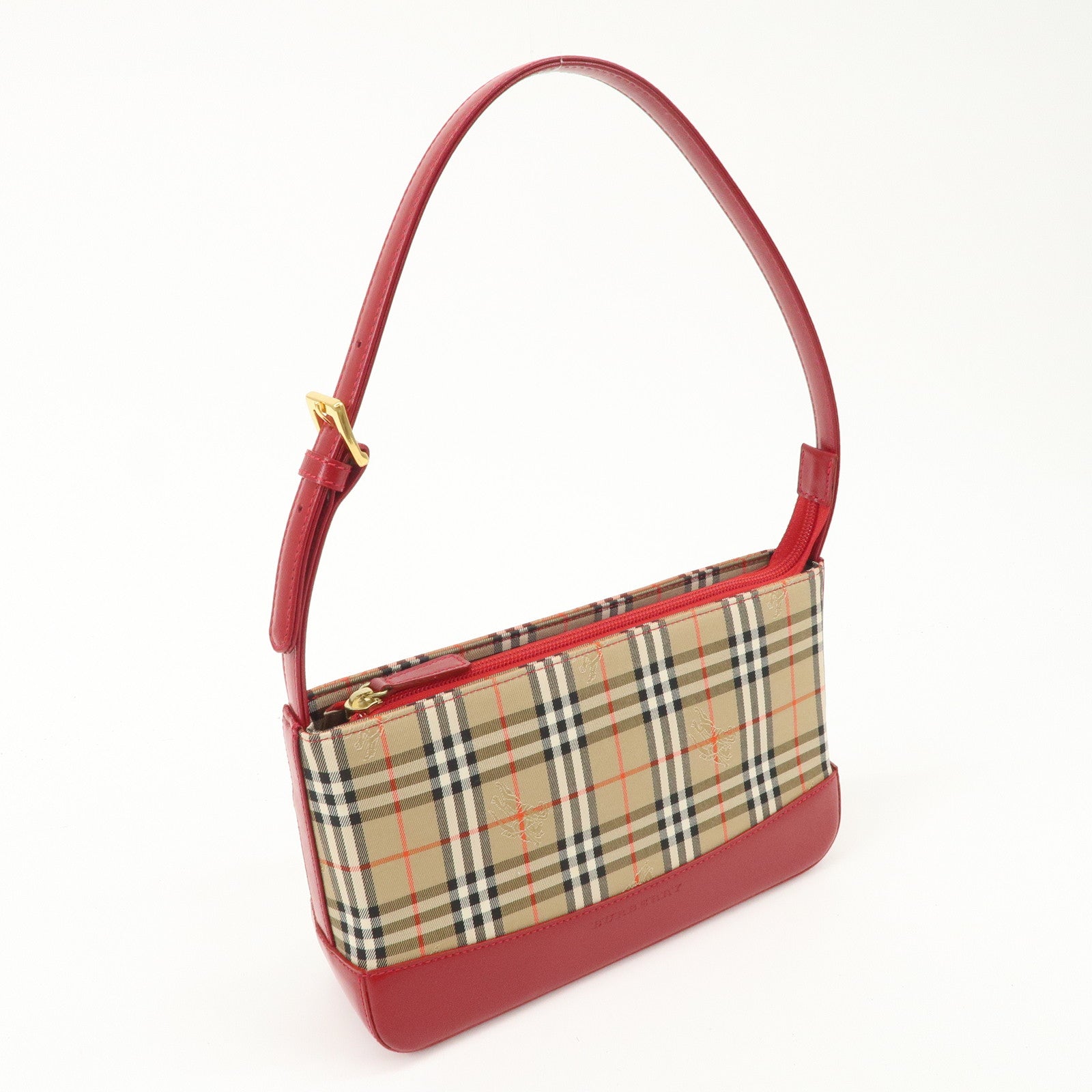 BURBERRY Nova Plaid Canvas Leather Shoulder Bag Hand Bag Red Used