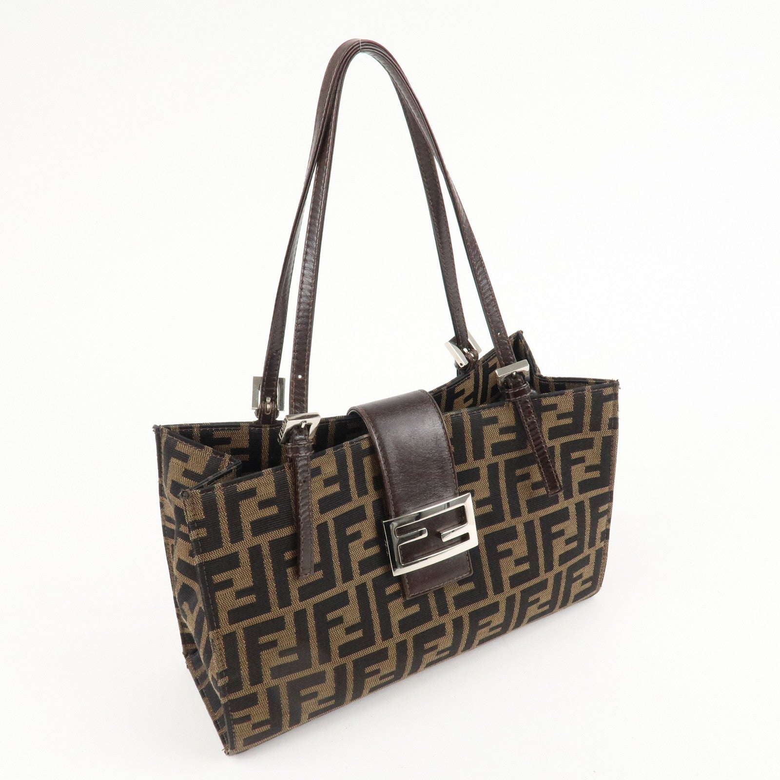 FENDI Zucca Canvas Leather Shoulder Bag Brown Black 15808 Used