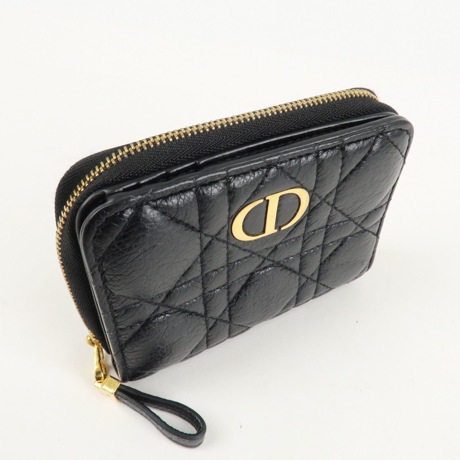 Christian Dior Cannage Leather Bi-fold Wallet Black Gold HDW Used