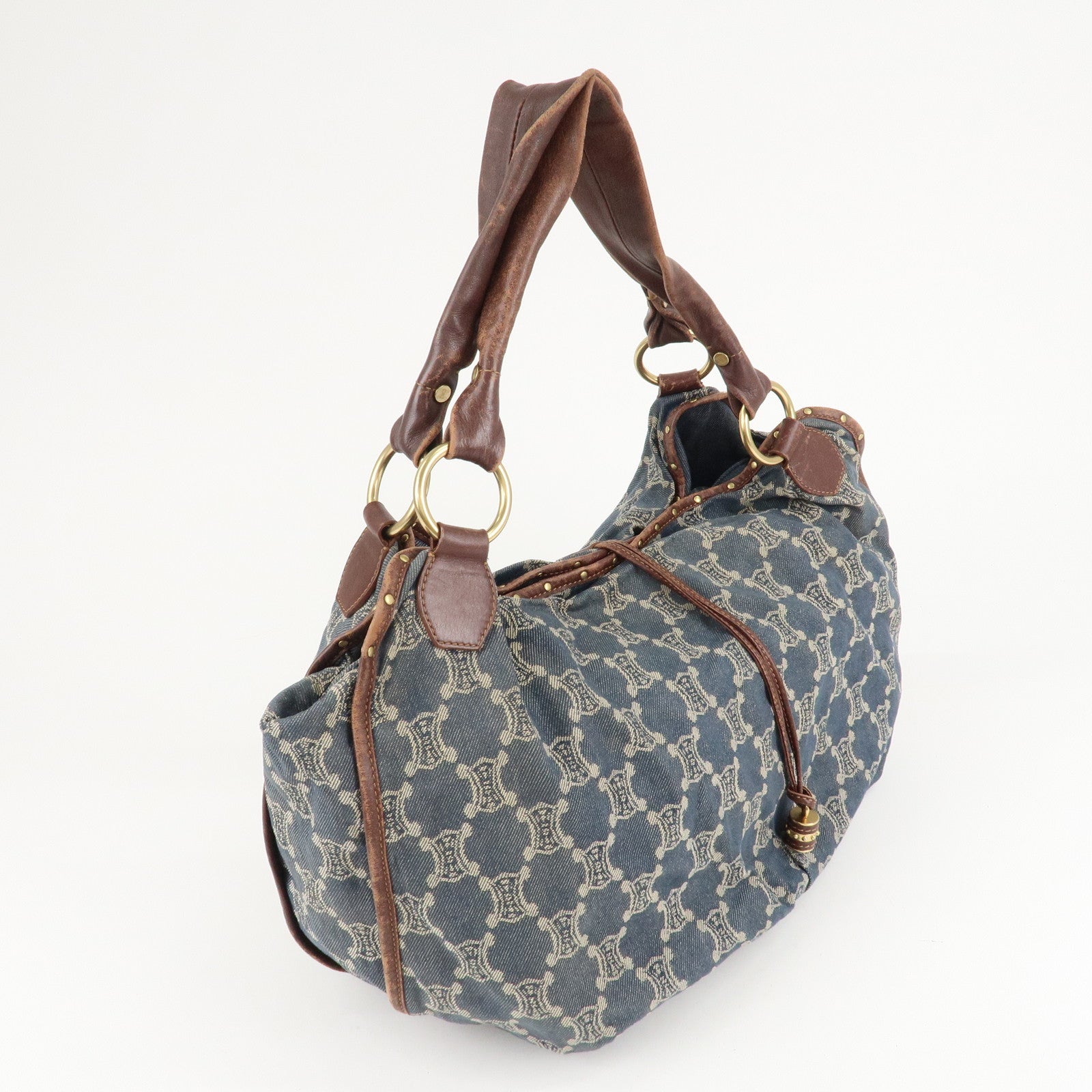 CELINE Macadam Denim Leather Bittersweet Shoudler Bag Navy Brown Used