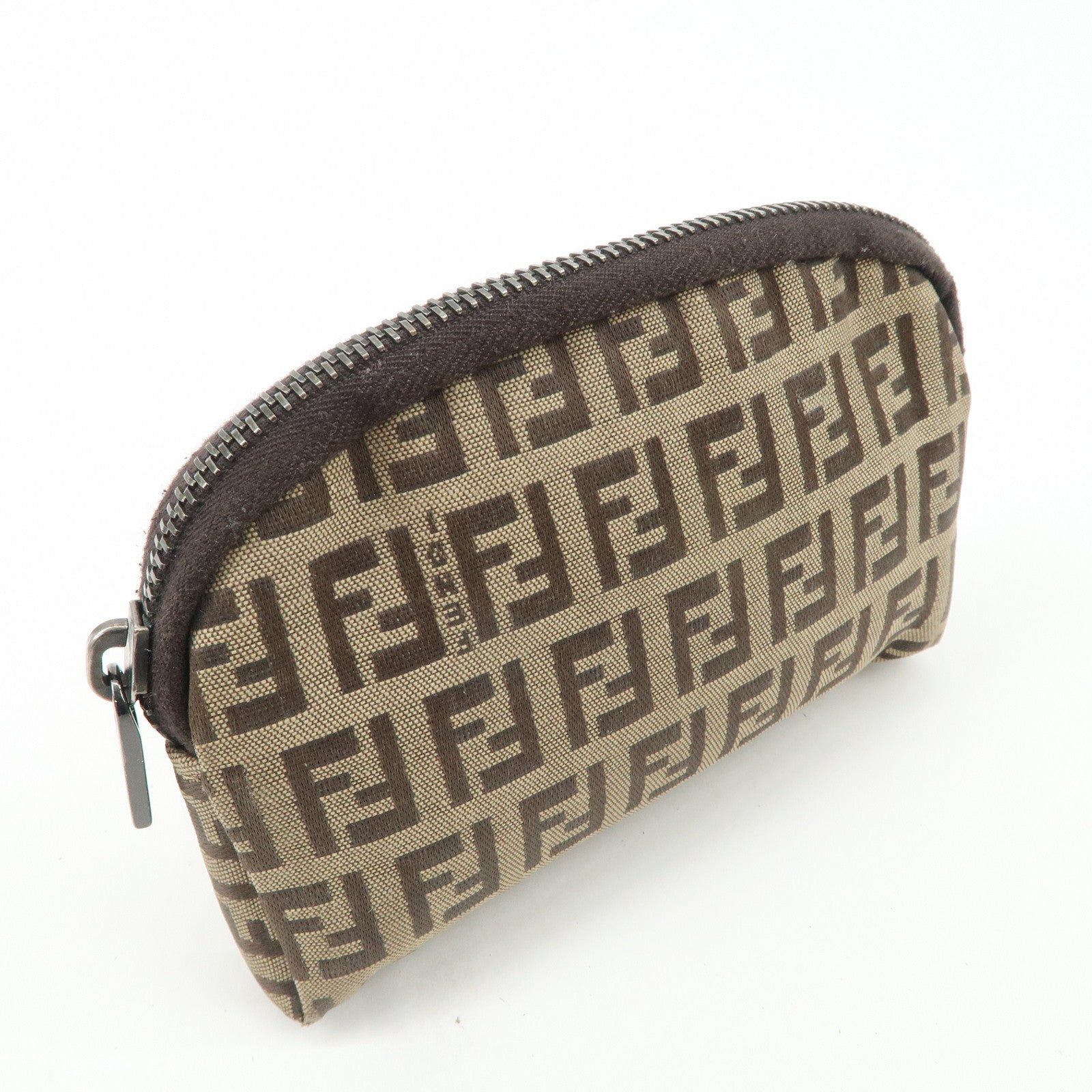 FENDI Zucchino Canvas Mini Pouch Beige Dark Brown 7N0003 Used