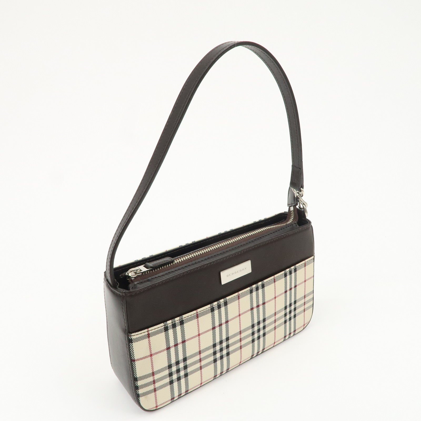 BURBERRY Canvas Leather Nova Plaid Shoulder Bag Beige Brown Used