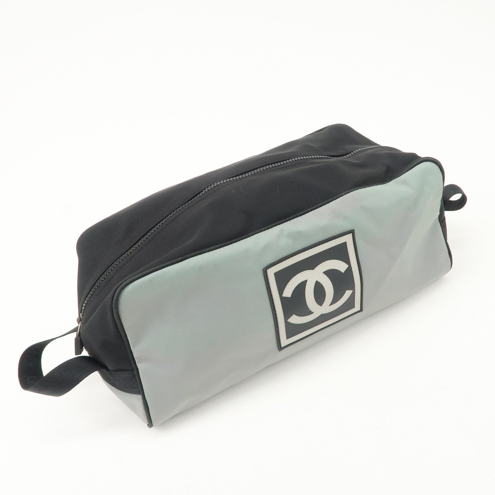 CHANEL Sportsline Nylon Canvas Shoes Bag Hand Bag Black Gray Used