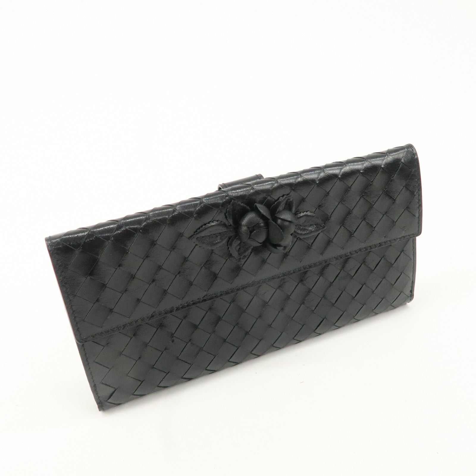 BOTTEGA VENETA Intrecciato Leather W Hook Bifold Wallet Black Used