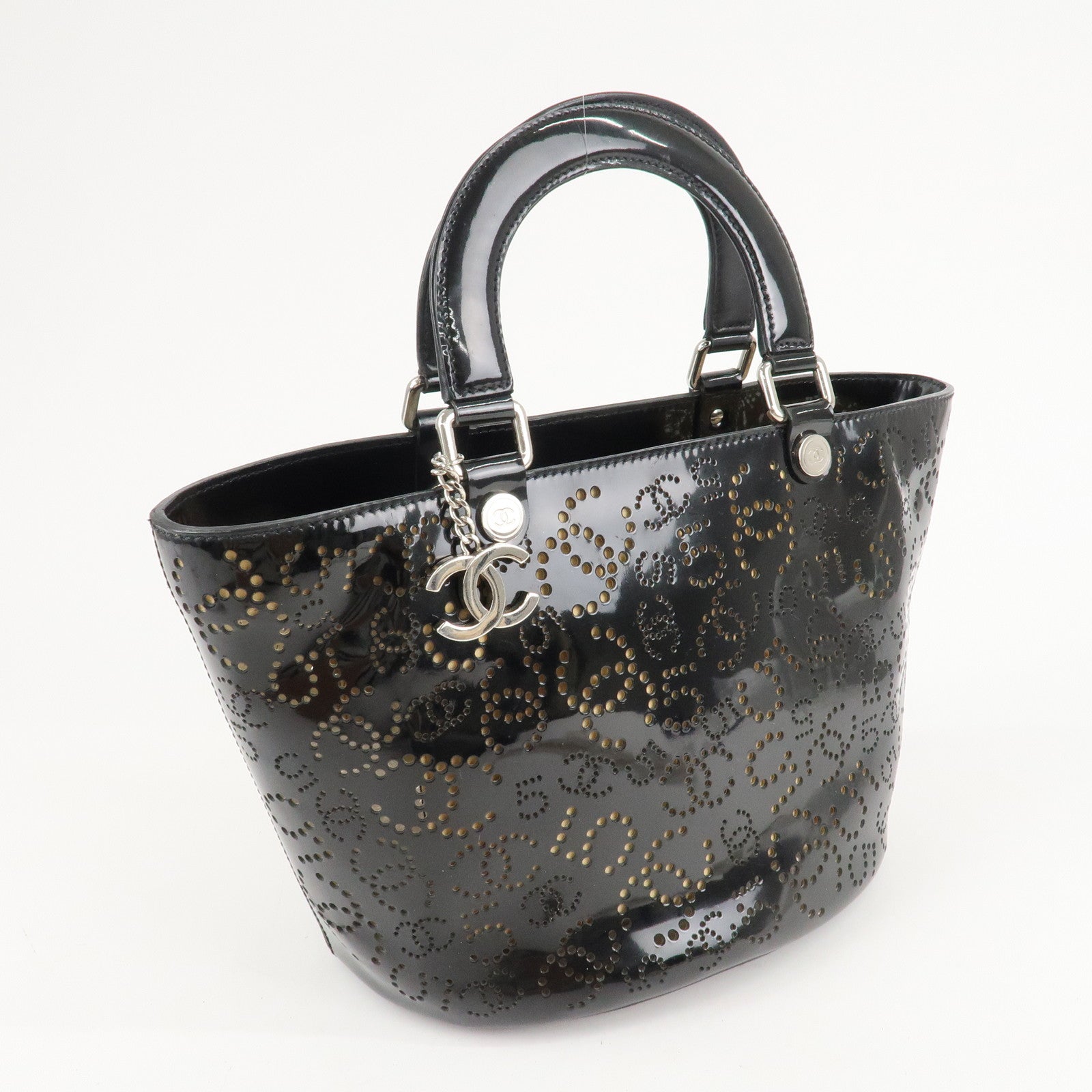 CHANEL COCO Mark No.5 Patent Leather Punching Hand Bag Black Used