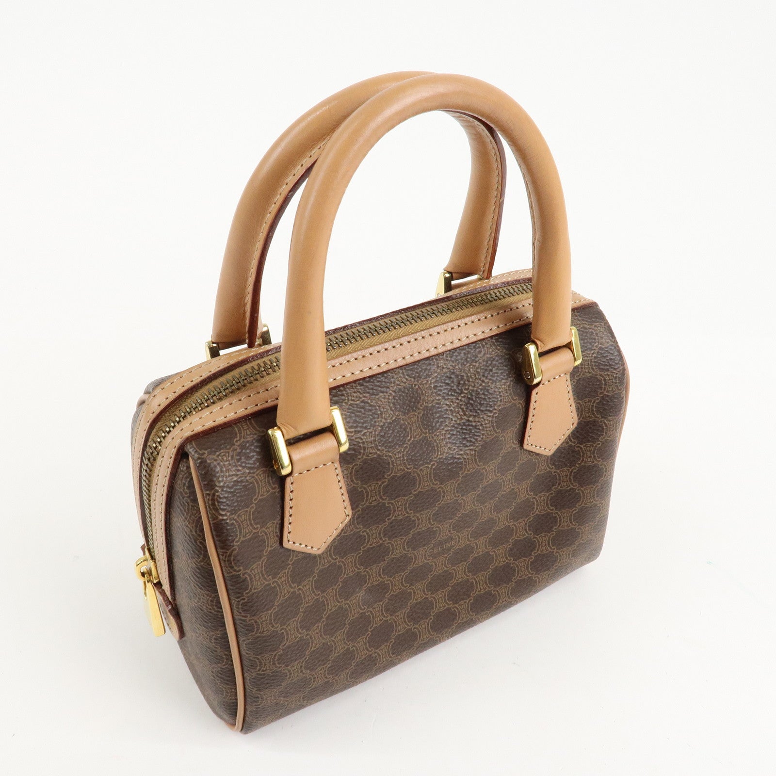 CELINE Macadam PVC Leather 2 Way Boston Bag Hand Bag Brown Used