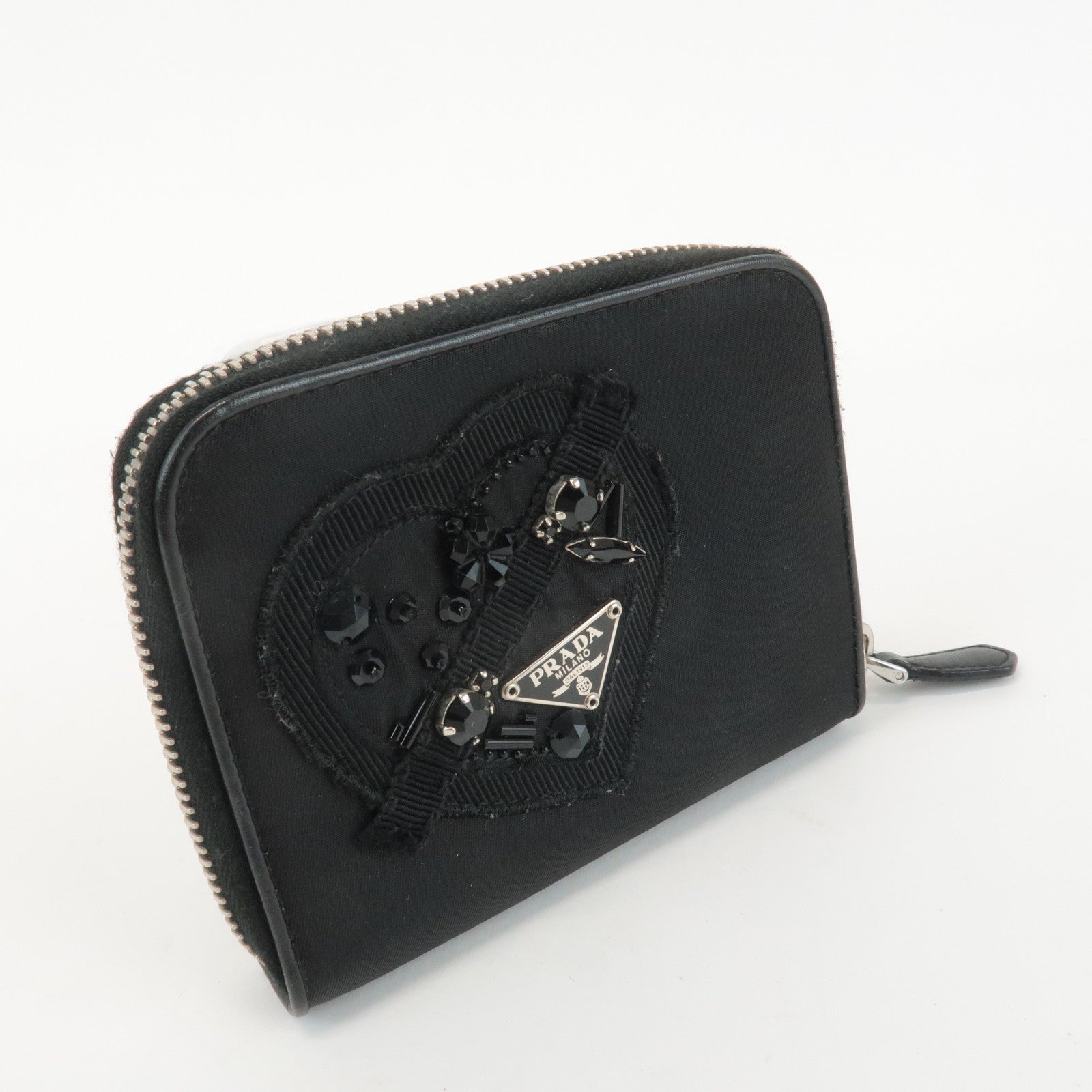 PRADA Logo Leather Round Zip Wallet Bijou Black Used