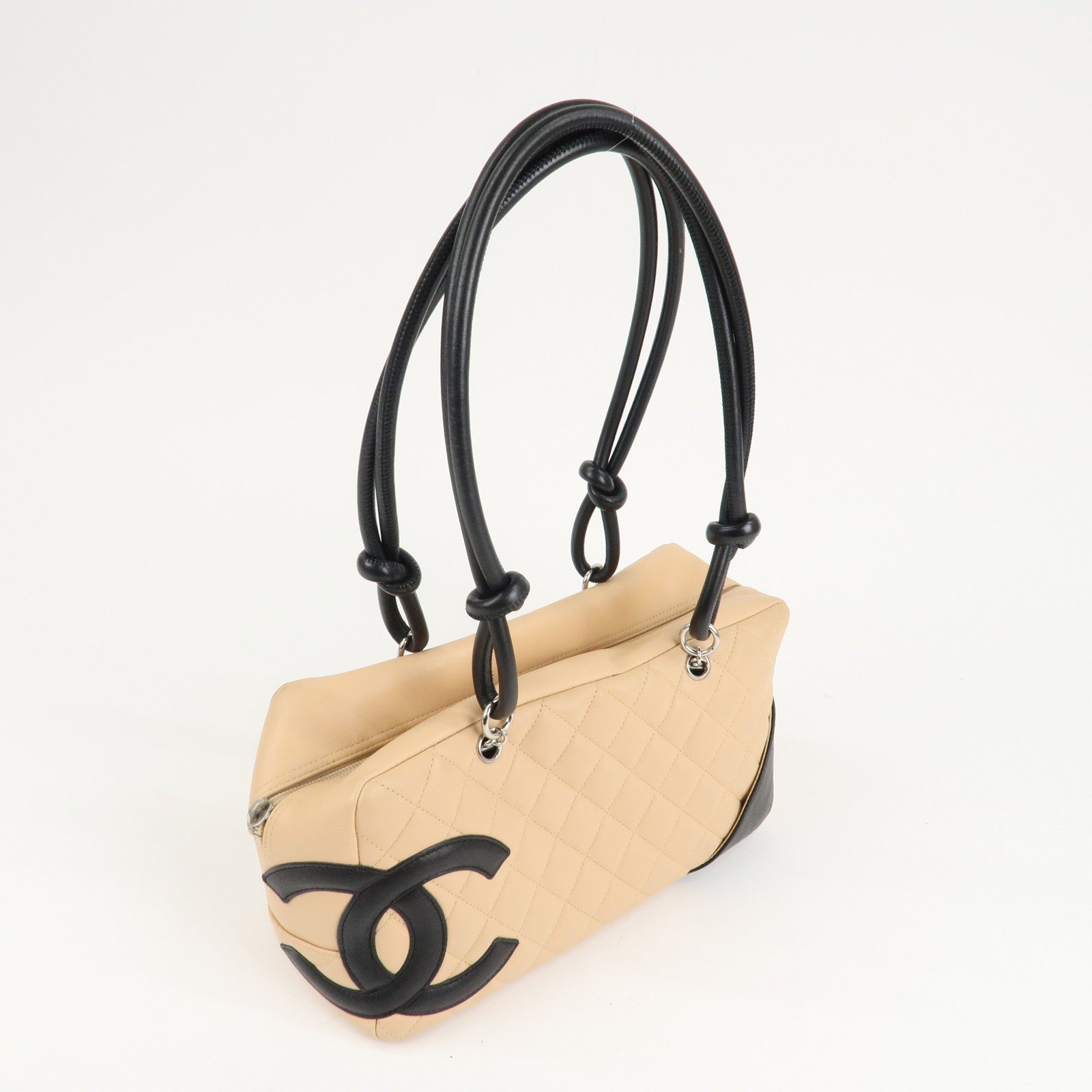 CHANEL Cambon Line Lamb Skin Bowling Bag Hand Bag Beige A25171 Used