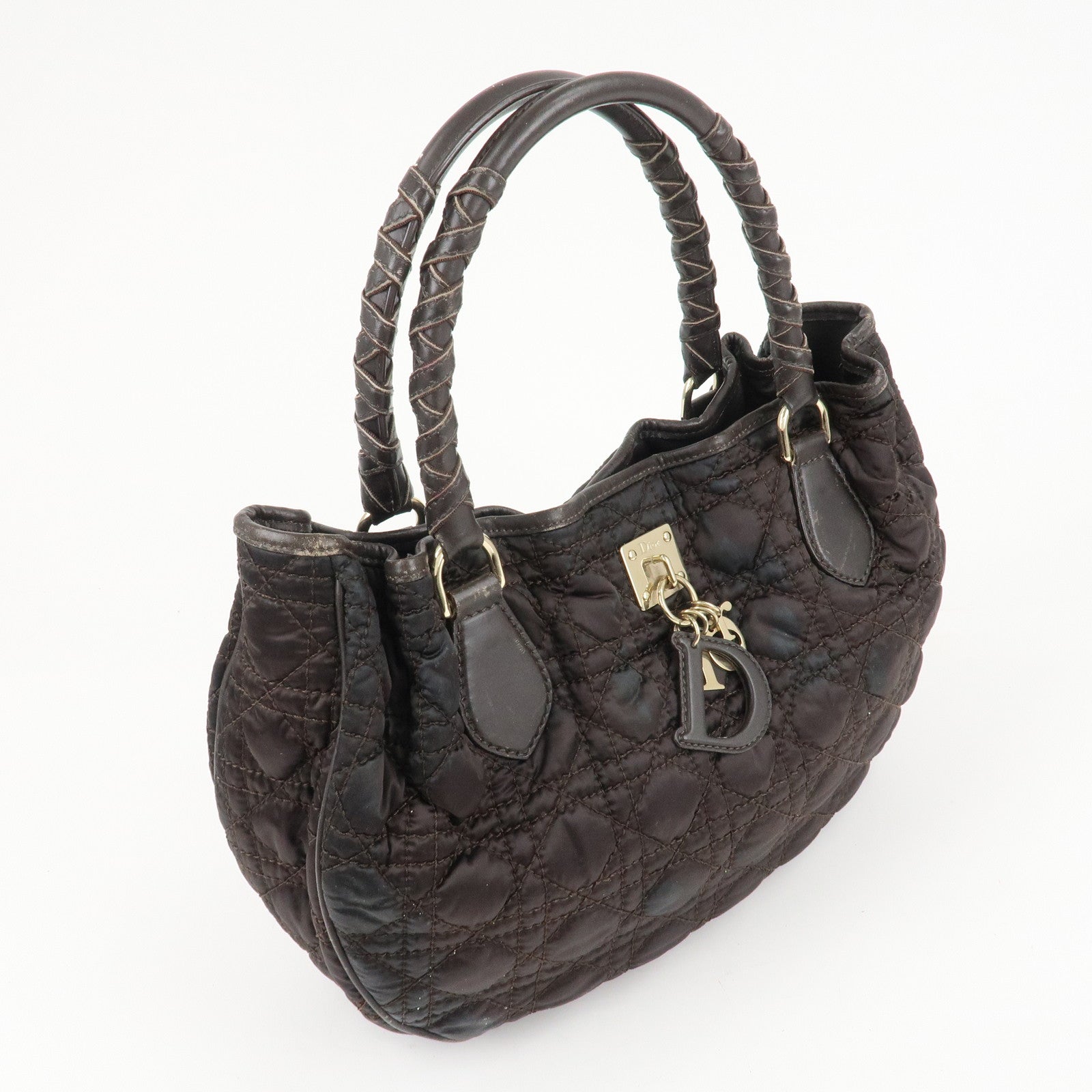 Christian Dior Cannage Nylon Leather Tote Bag Dark Brown Used