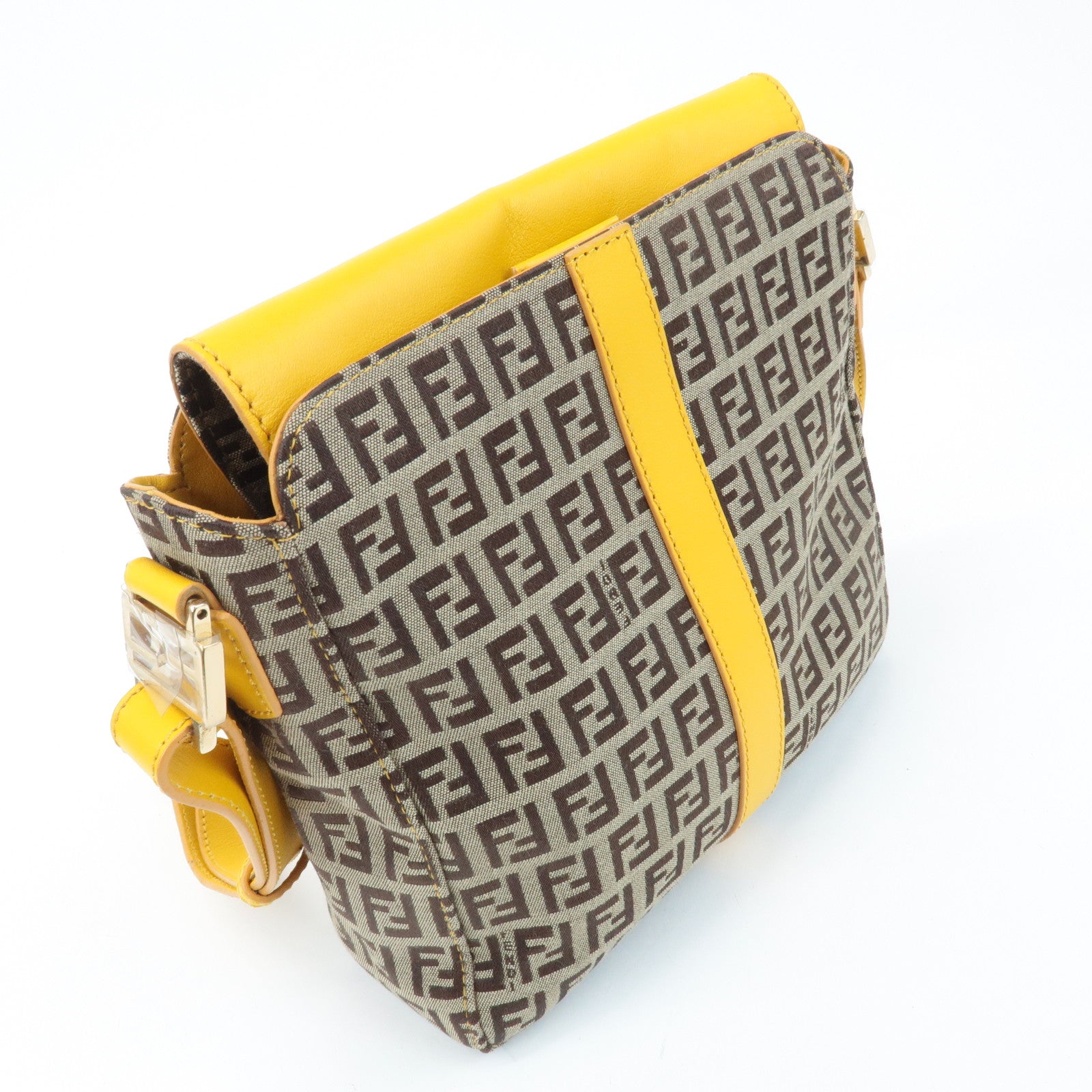 FENDI Zucchino Canvas Leather Shoulder Bag BrownYellow 8BT175 Used