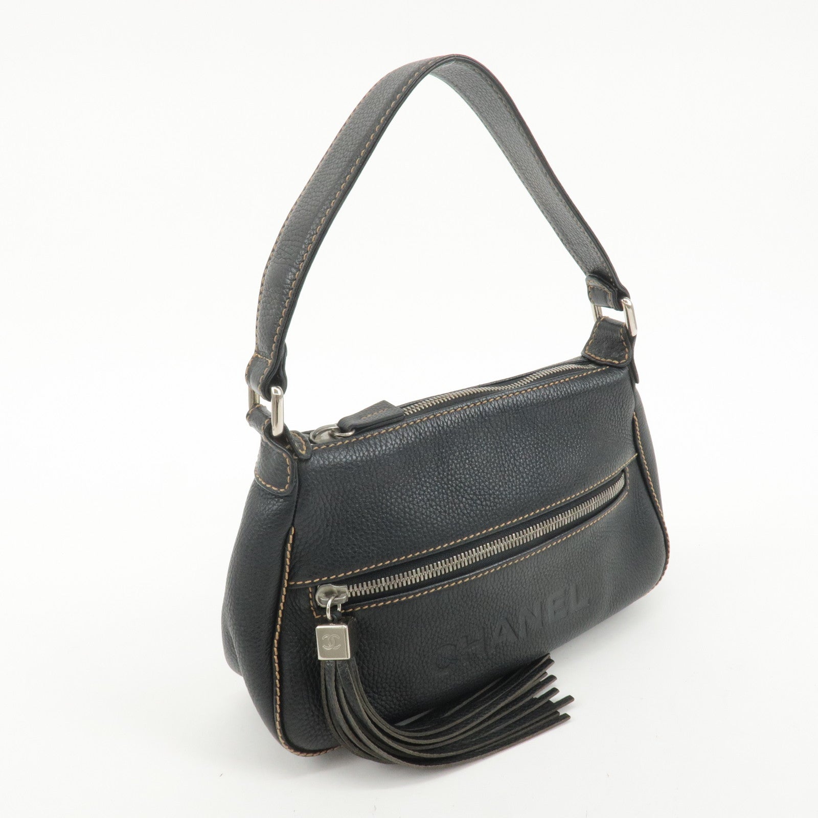 CHANEL Leather Shoulder Bag Black Silver Used