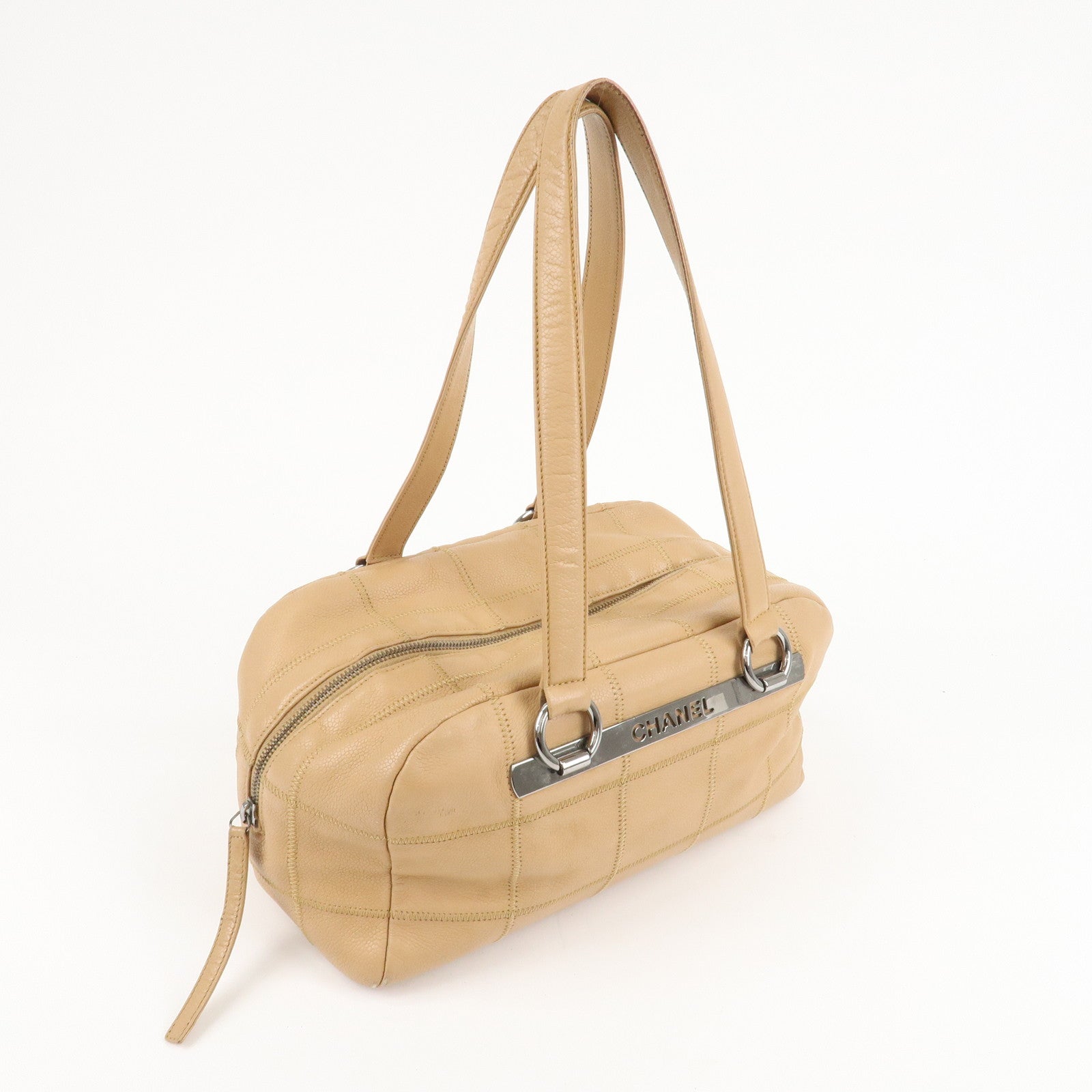 CHANEL Chocolate Bar Caviar Skin Mini Boston Bag Beige A26135 Used
