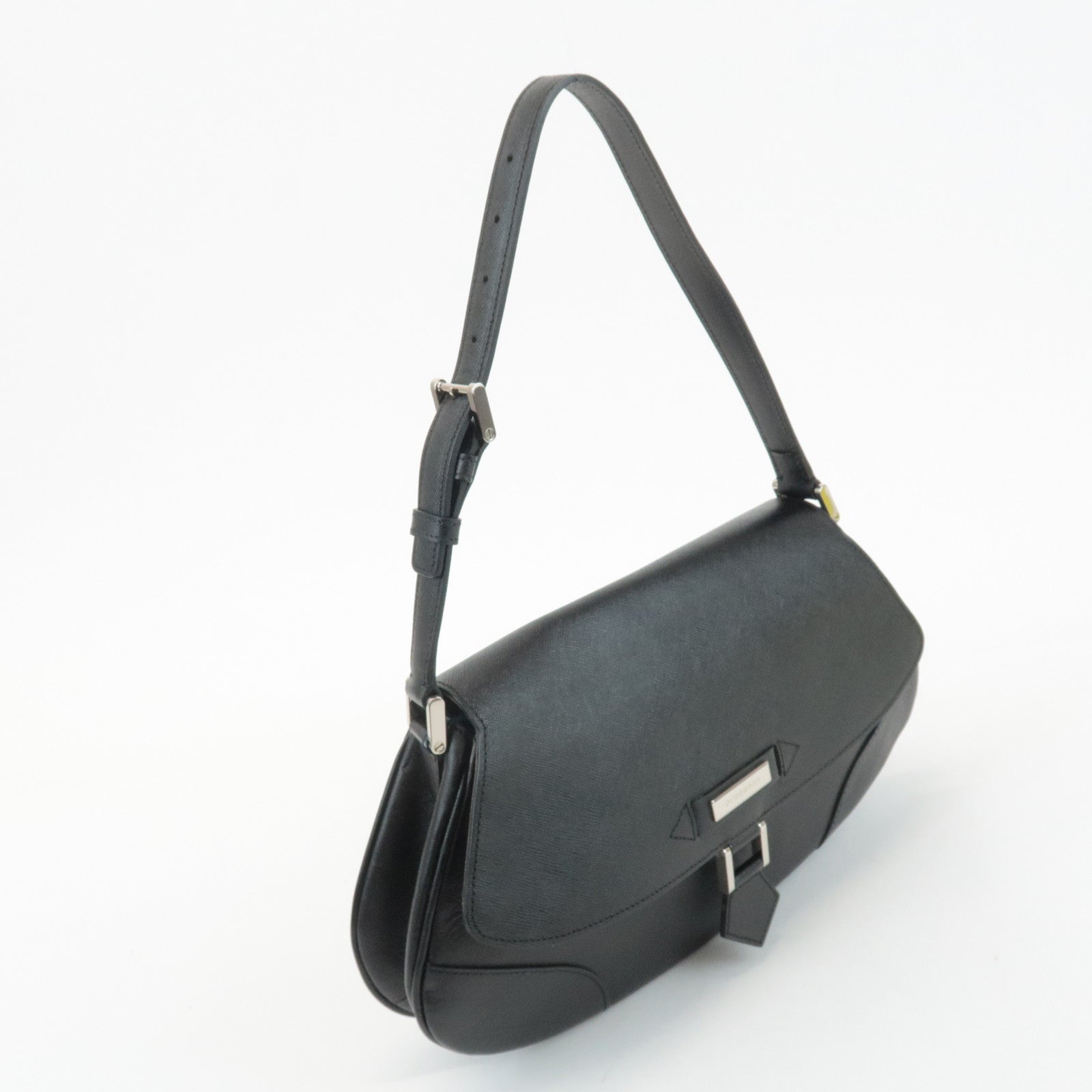 BURBERRY Leather Shoulder Bag Hand Bag Black Silver Hardware Used