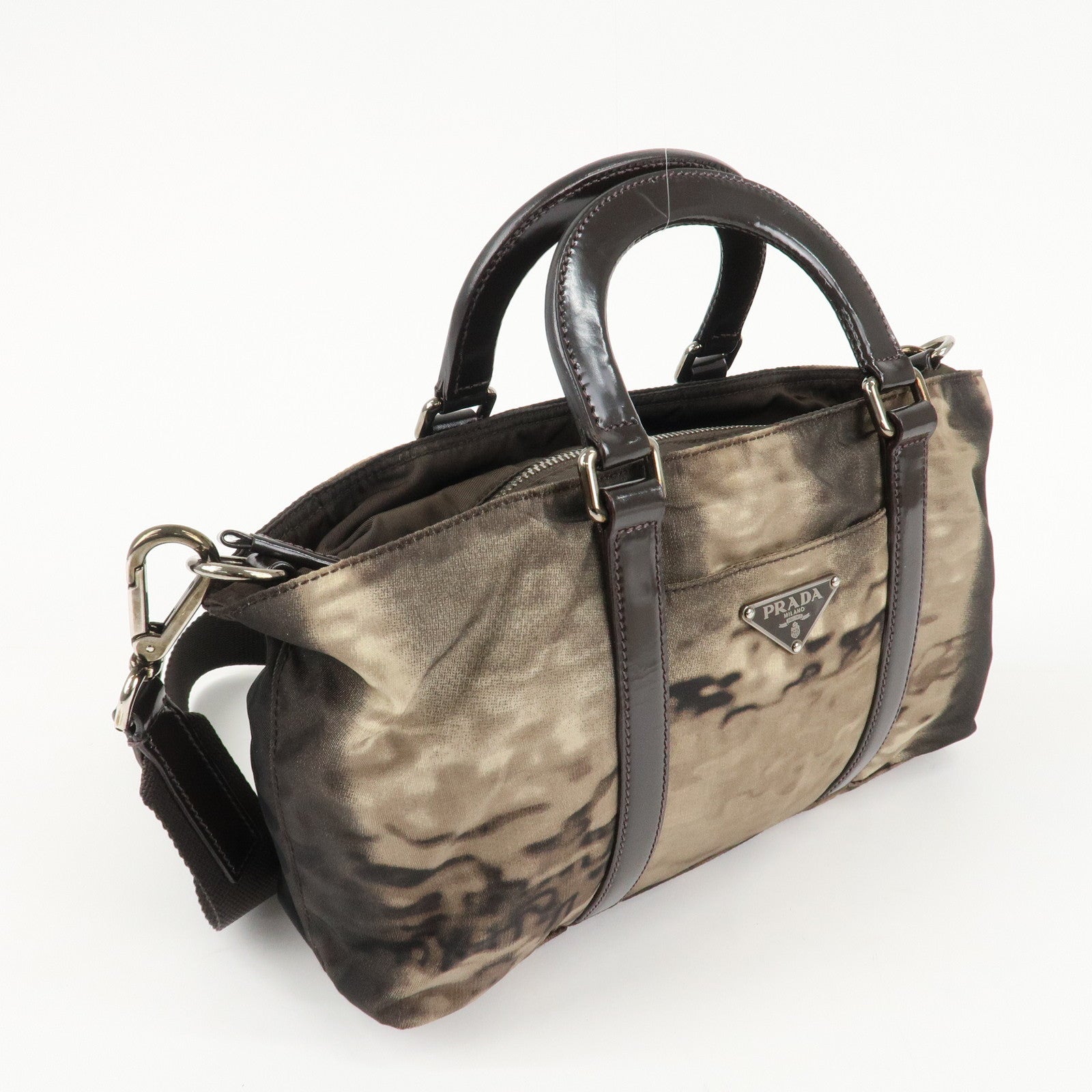 PRADA Nylon Patent Leather 2Way Bag Beige Black Dark Brown Used