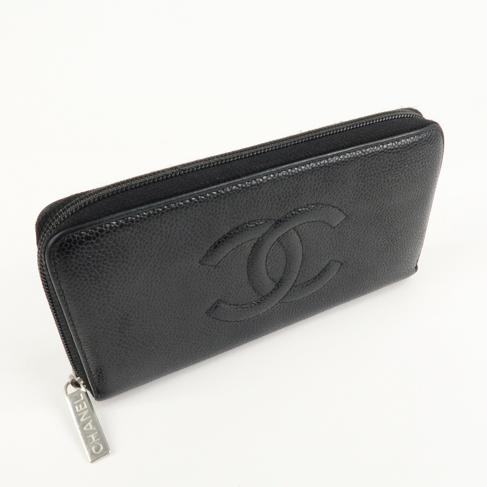 CHANEL Caviar Skin Zip Around Long Wallet Black A50071 Used