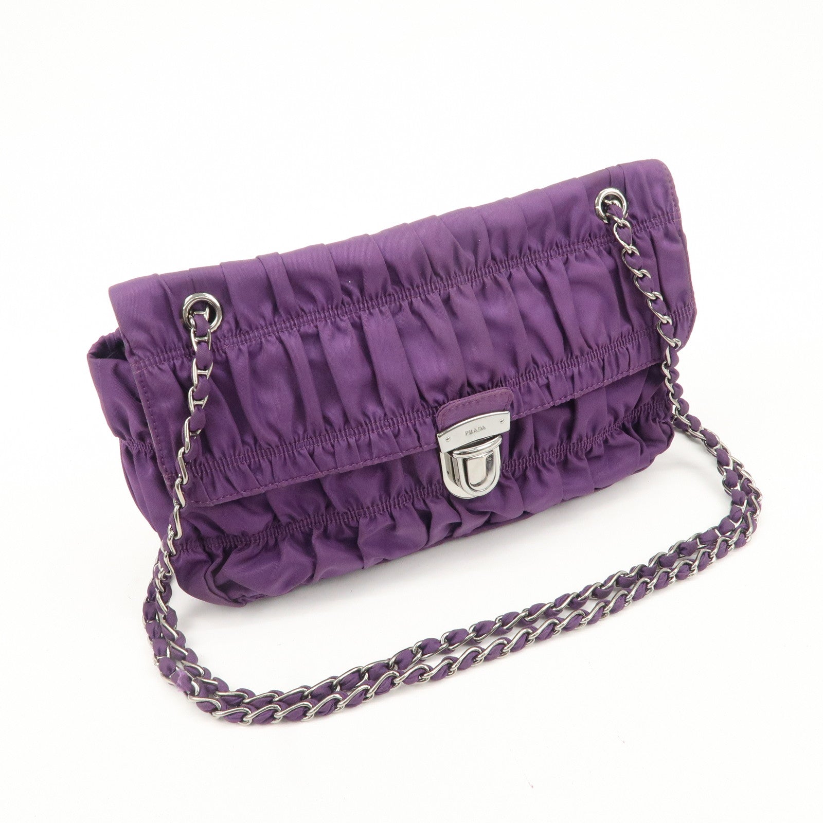 PRADA Nylon Leather Gathered Shoulder Bag Purple BR4609 Used