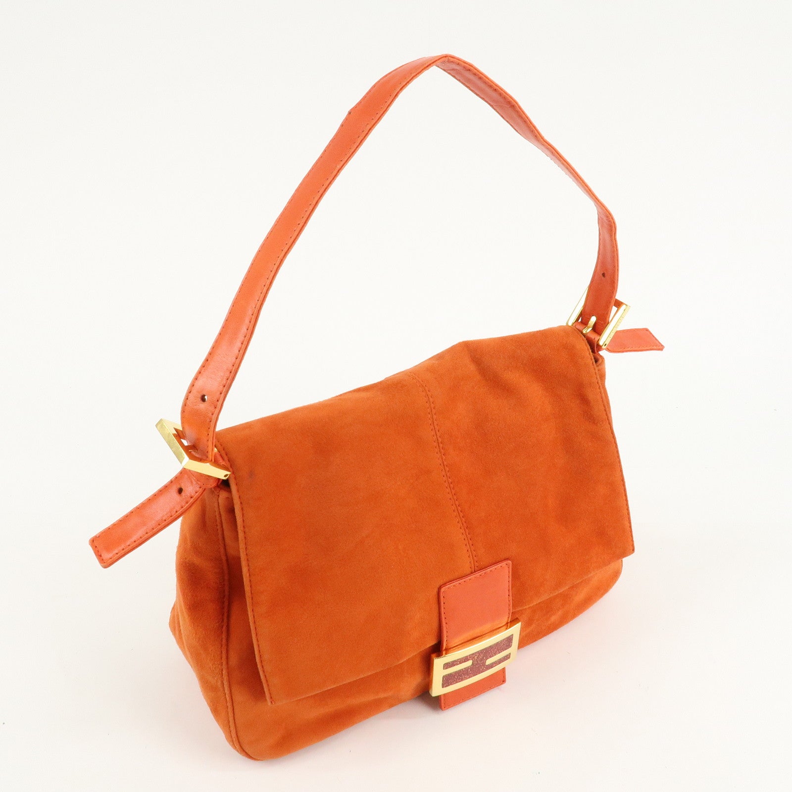 FENDI Mamma Baguette Suede Leather Shoulder Bag Orange 26325 Used