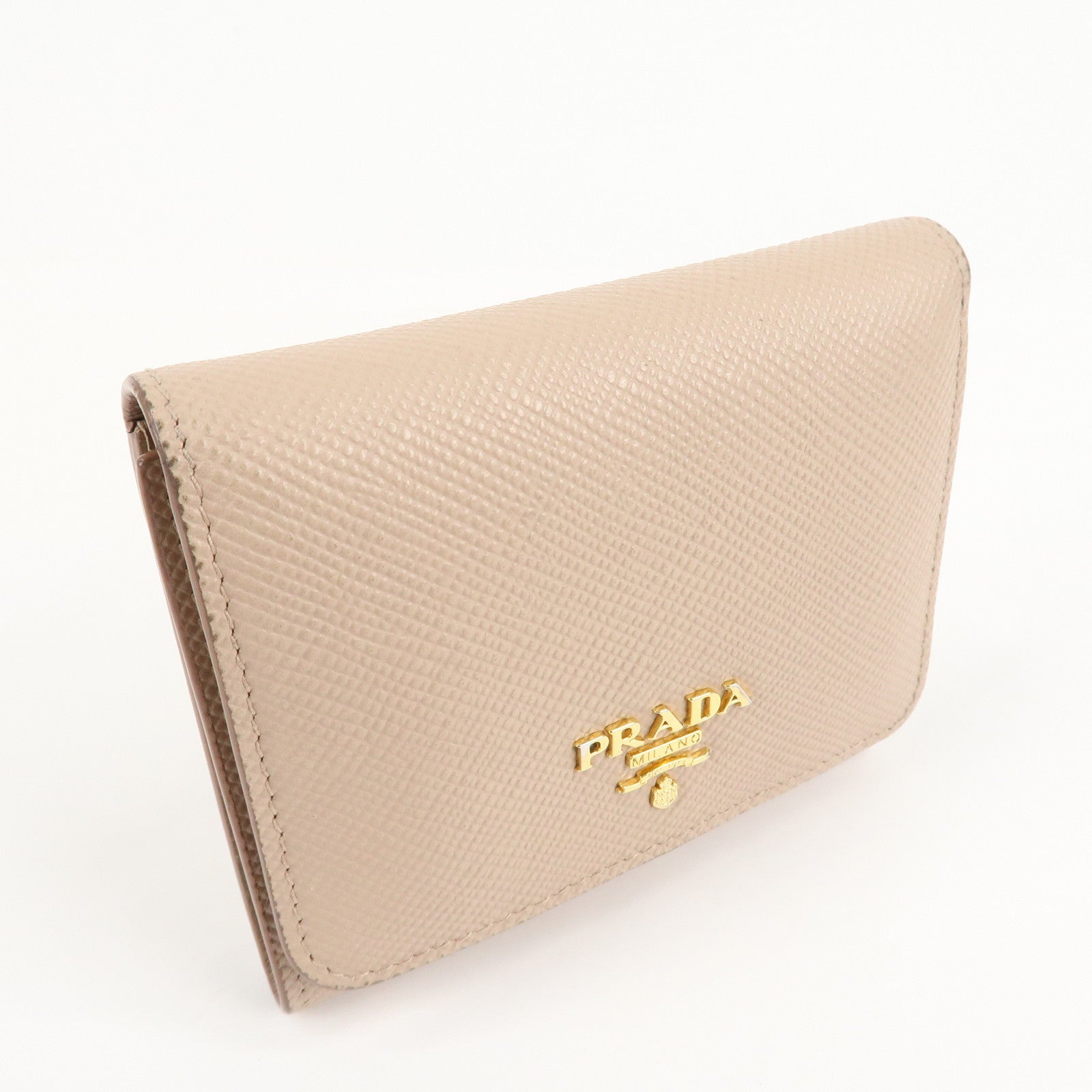 PRADA Saffiano Leather Trifold Compact Wallet Beige 1MH176 Used