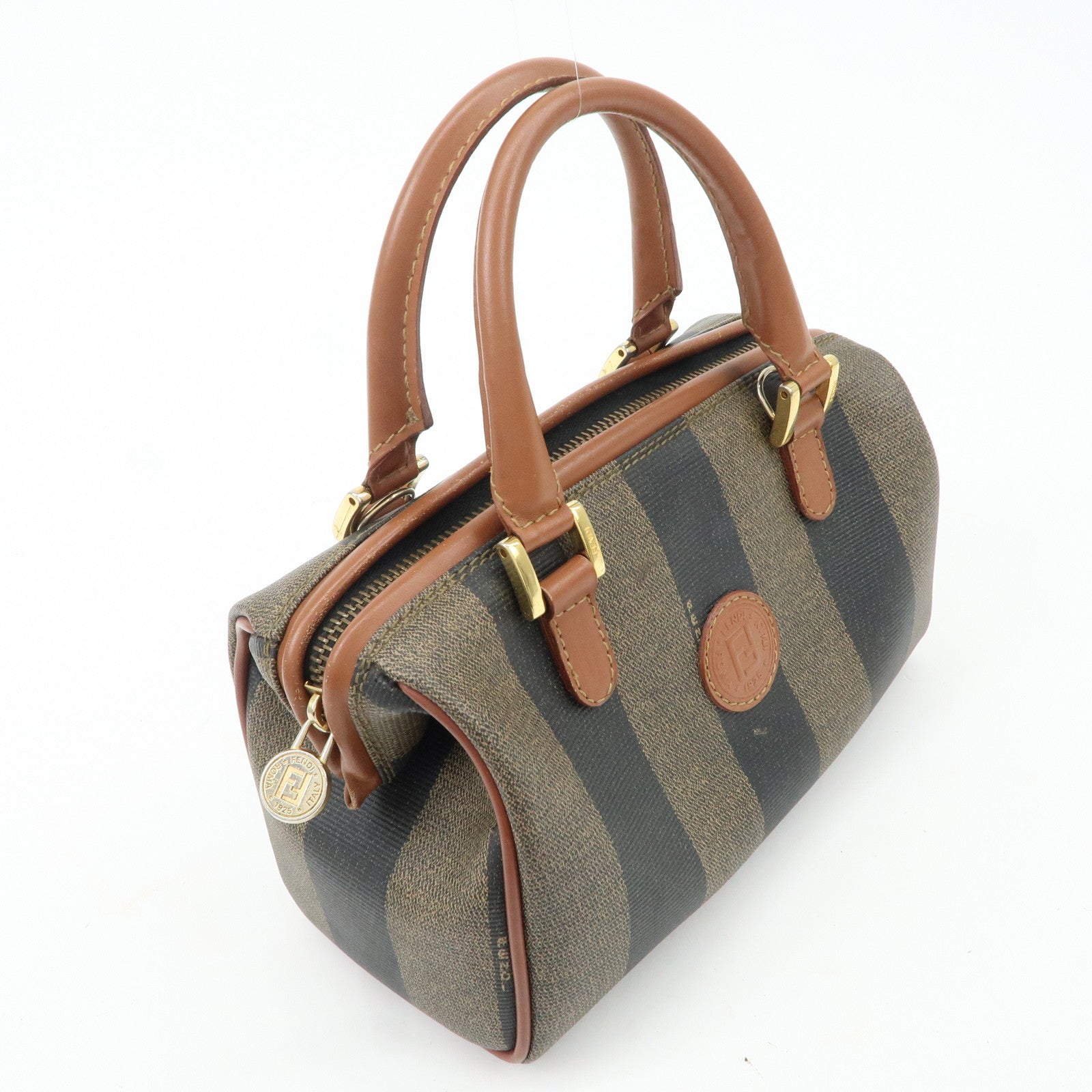 FENDI Pequin PVC Leather Hand Bag Brown Black 259021 Used