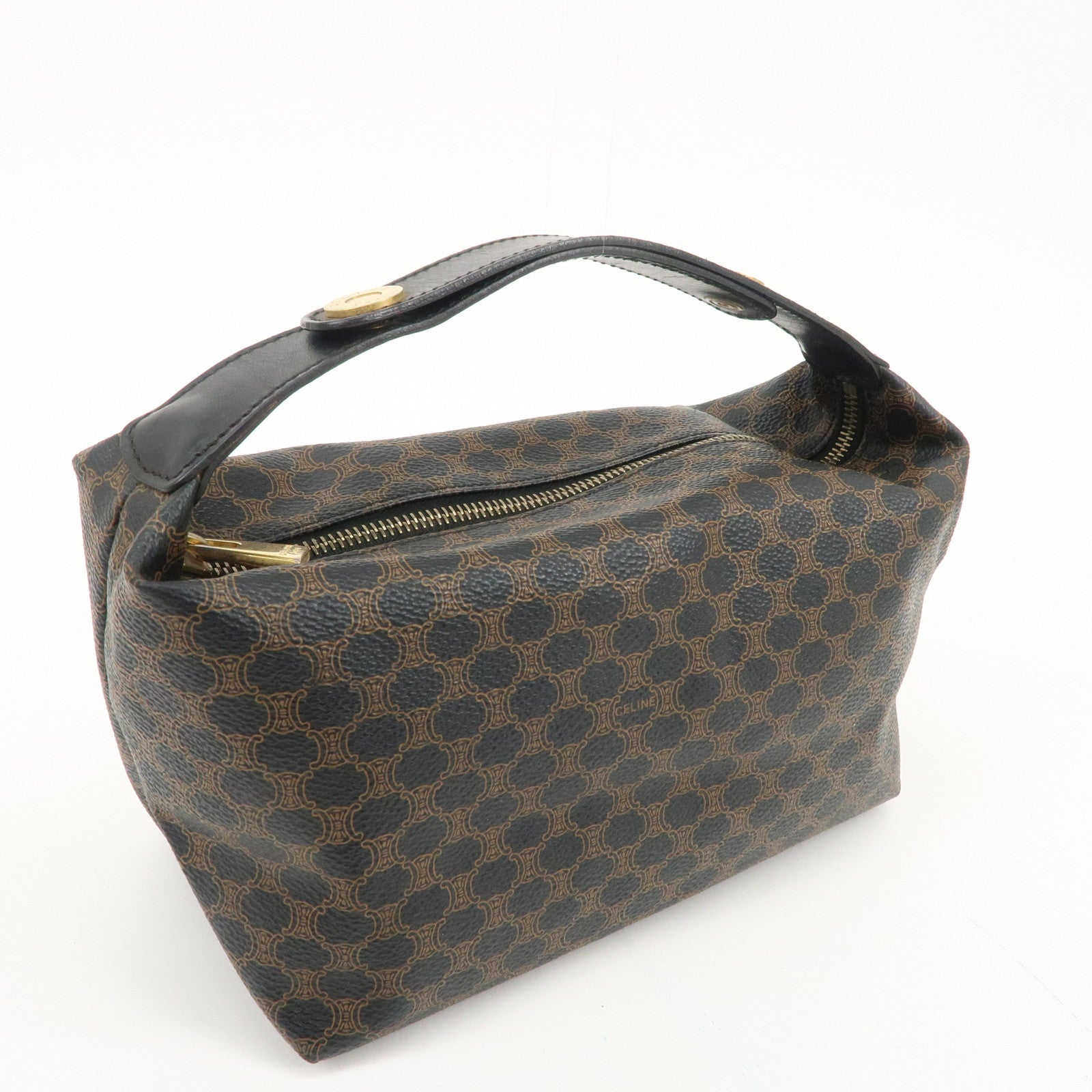 CELINE Macadam PVC Leather Hand Bag Black Brown Used