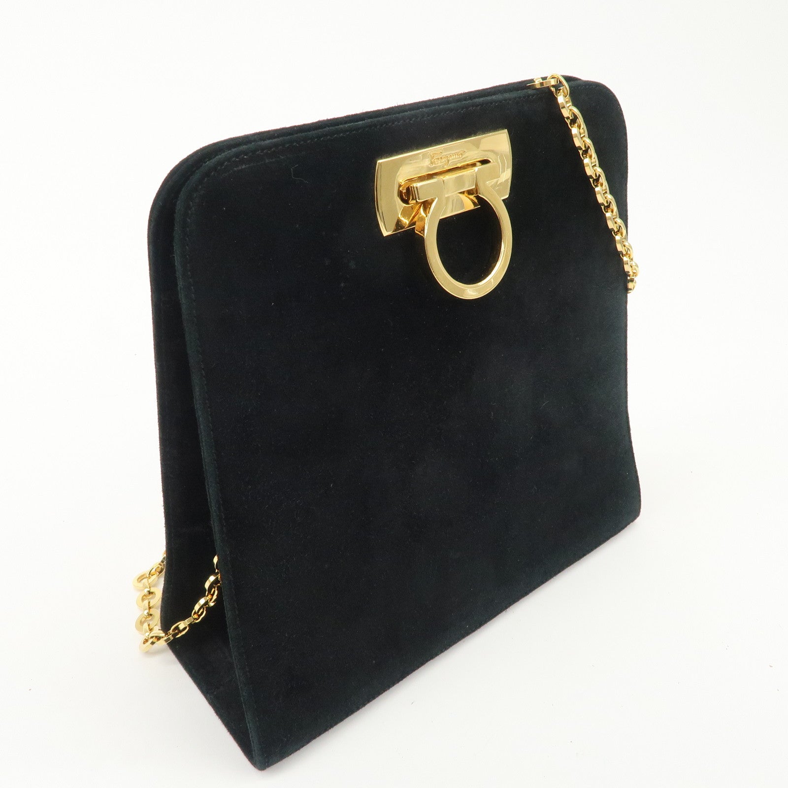 Salvatore Ferragamo Gancini Suede Chain Shoulder Black Bag Used